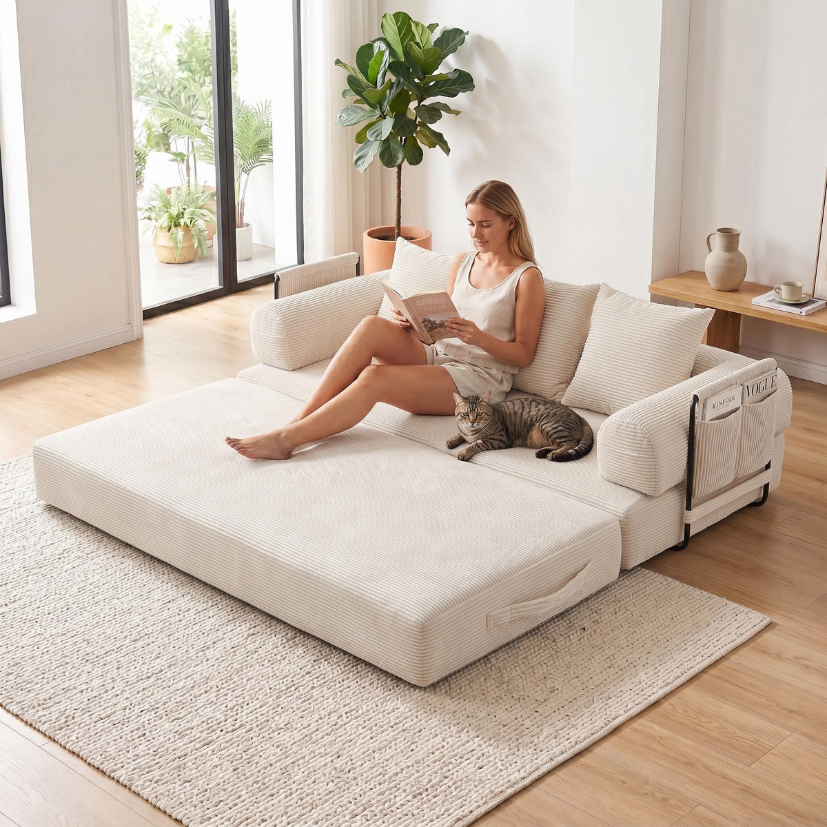 SCHLAFSOFA, Modulares Tagesbett mit Metallgestell, Klappbares Bodensofa Cordstoff, Beige - Beige, Textil (94/67/200cm) - LVHOM
