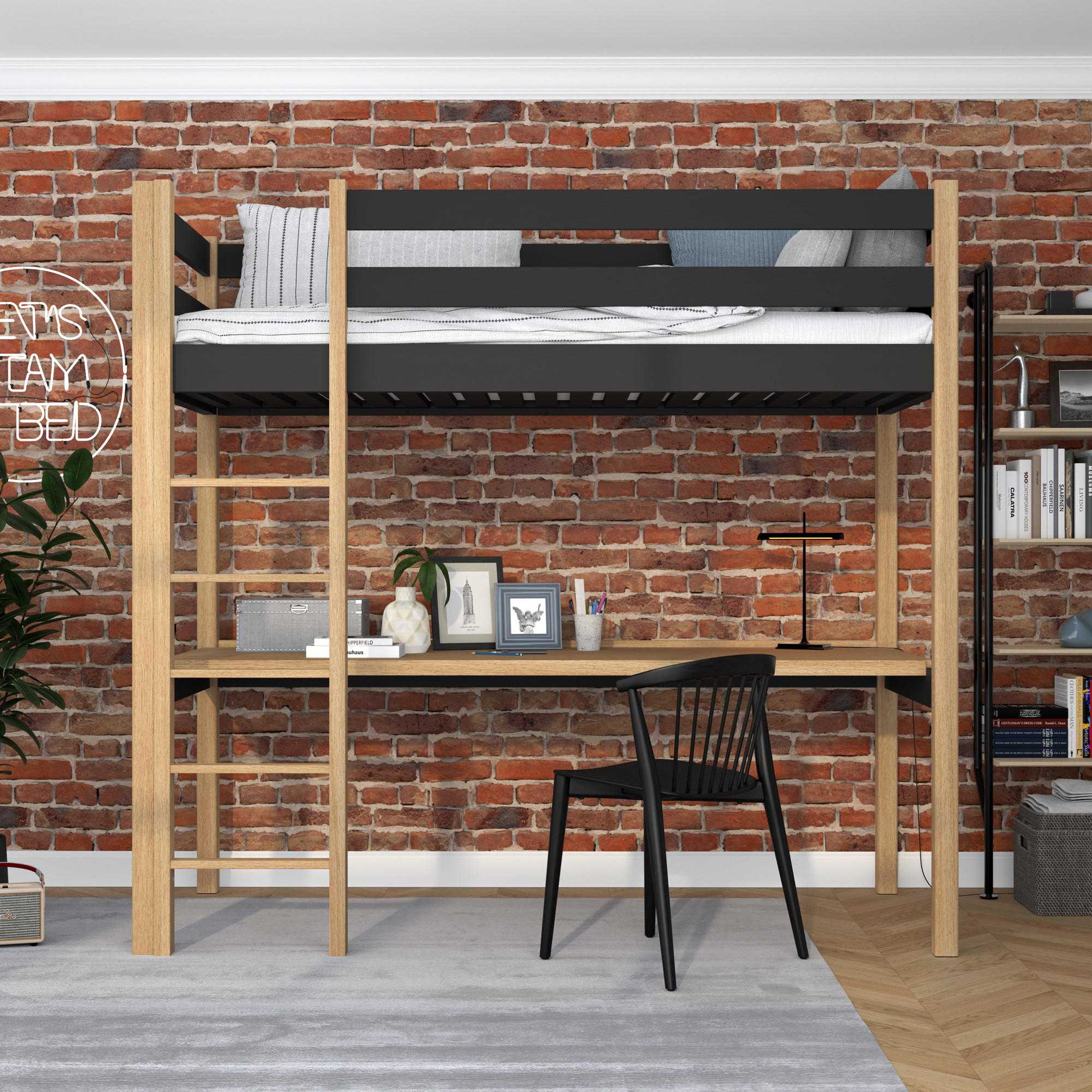 HOCHBETT N05 mit Schreibtisch Schwarz / Eiche Natur 100/190 - Schwarz/Eiche Artisan, Naturmaterialien/Holz (100/190cm) - N-Wood