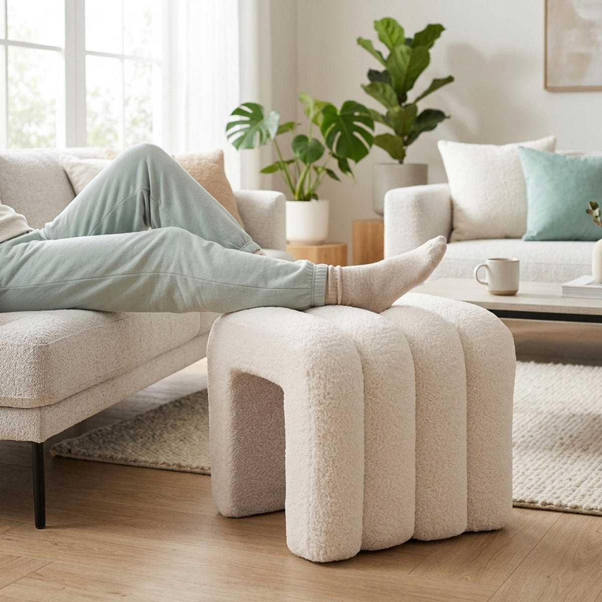 SEDACÍ taburet Bubble - krémová, dřevo/textil (40/40/40cm) - Relaxdays