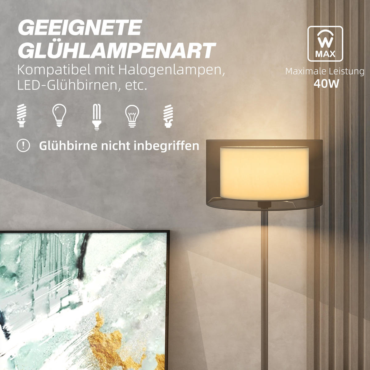 STEHLAMPE, Stehleuchte mit E27 Fassung, exkl. Leuchtmittel, Schwarz - Schwarz, Metall (33/33/152.5cm) - HOMCOM