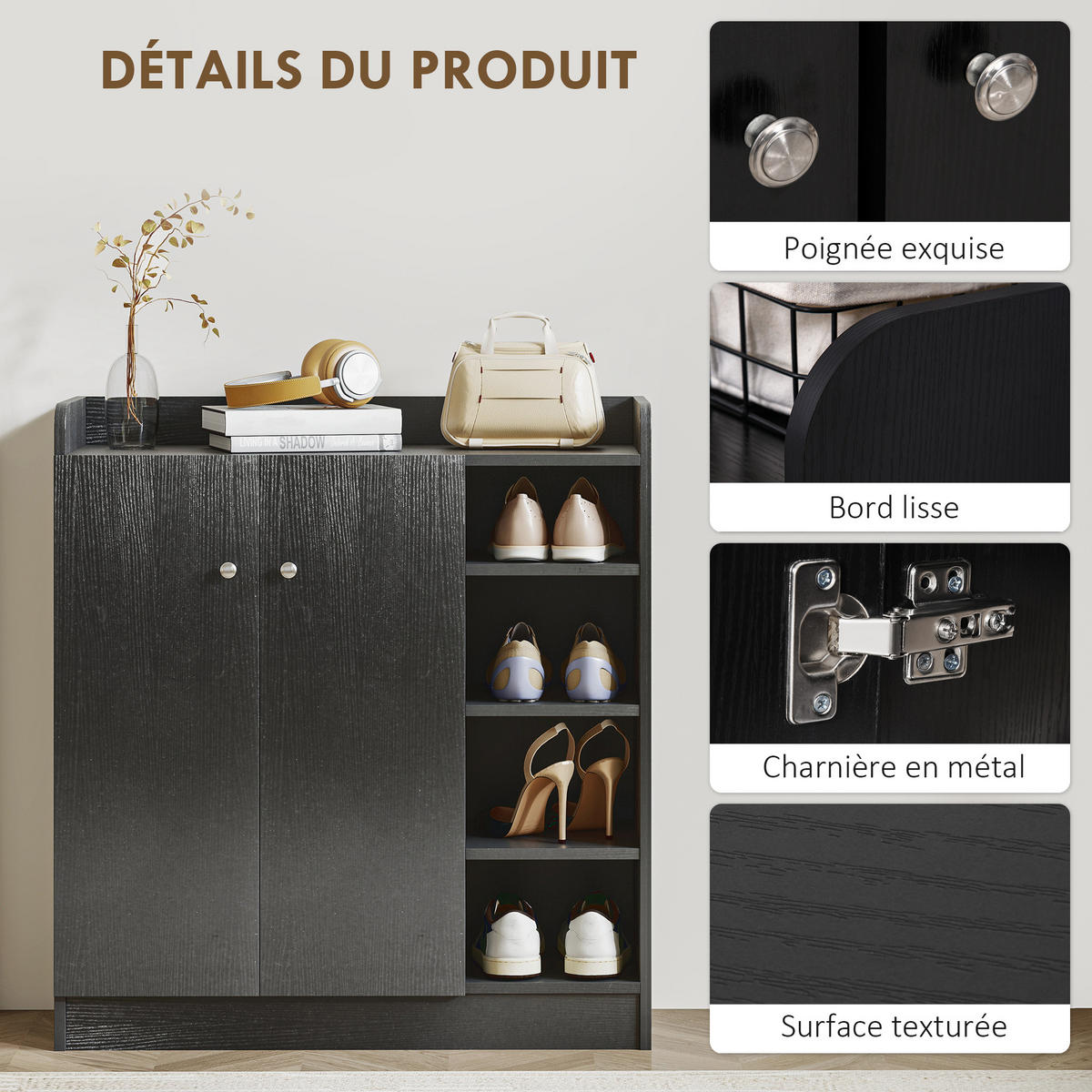 SCHUHSCHRANK DE-14973 4 offene Fächer & Doppelschrank mit 4 Einlegeböden Schwarz - Schwarz, Holzwerkstoff (83/90/30cm) - ComfortXL