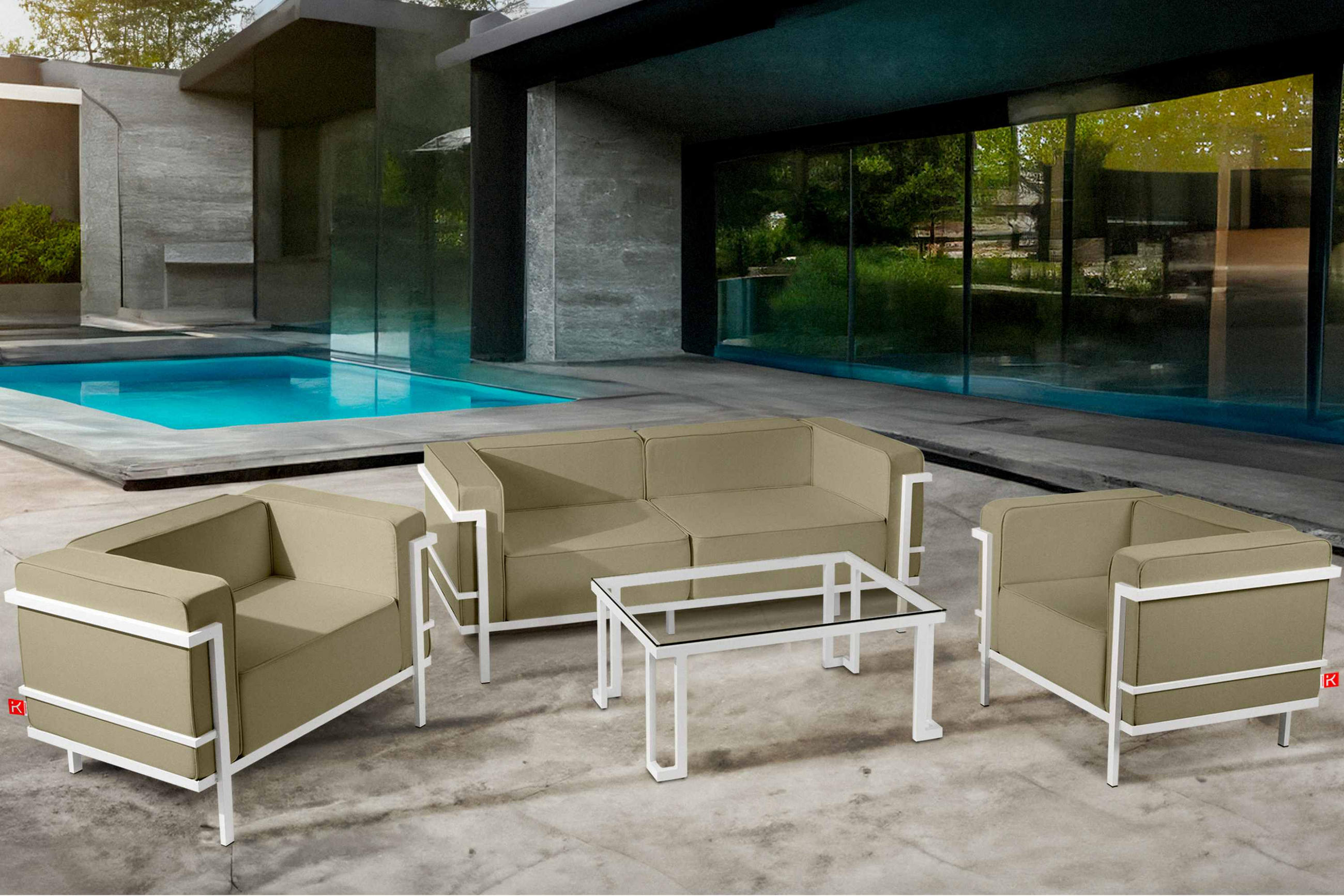 GARTENLOUNGE-SET TRIGLO 4-tlg., 1x Tisch, 2x Sessel, 1x Sofa 2-Sitzer, Modern, Weiß/Beige - Beige/Weiß, Textil/Metall - KONSIMO®
