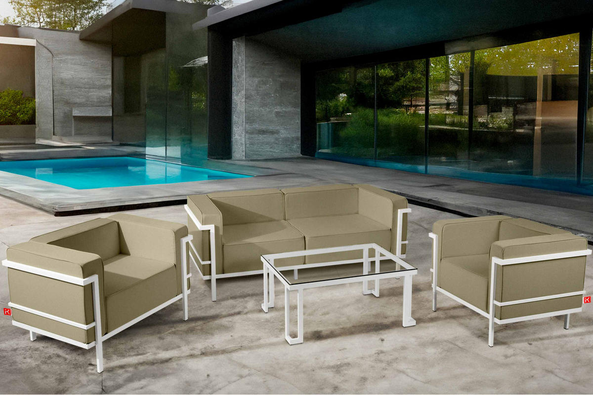GARTENLOUNGE-SET TRIGLO 4-tlg., 1x Tisch, 2x Sessel, 1x Sofa 2-Sitzer, Modern, Weiß/Beige - Beige/Weiß, Textil/Metall - KONSIMO®
