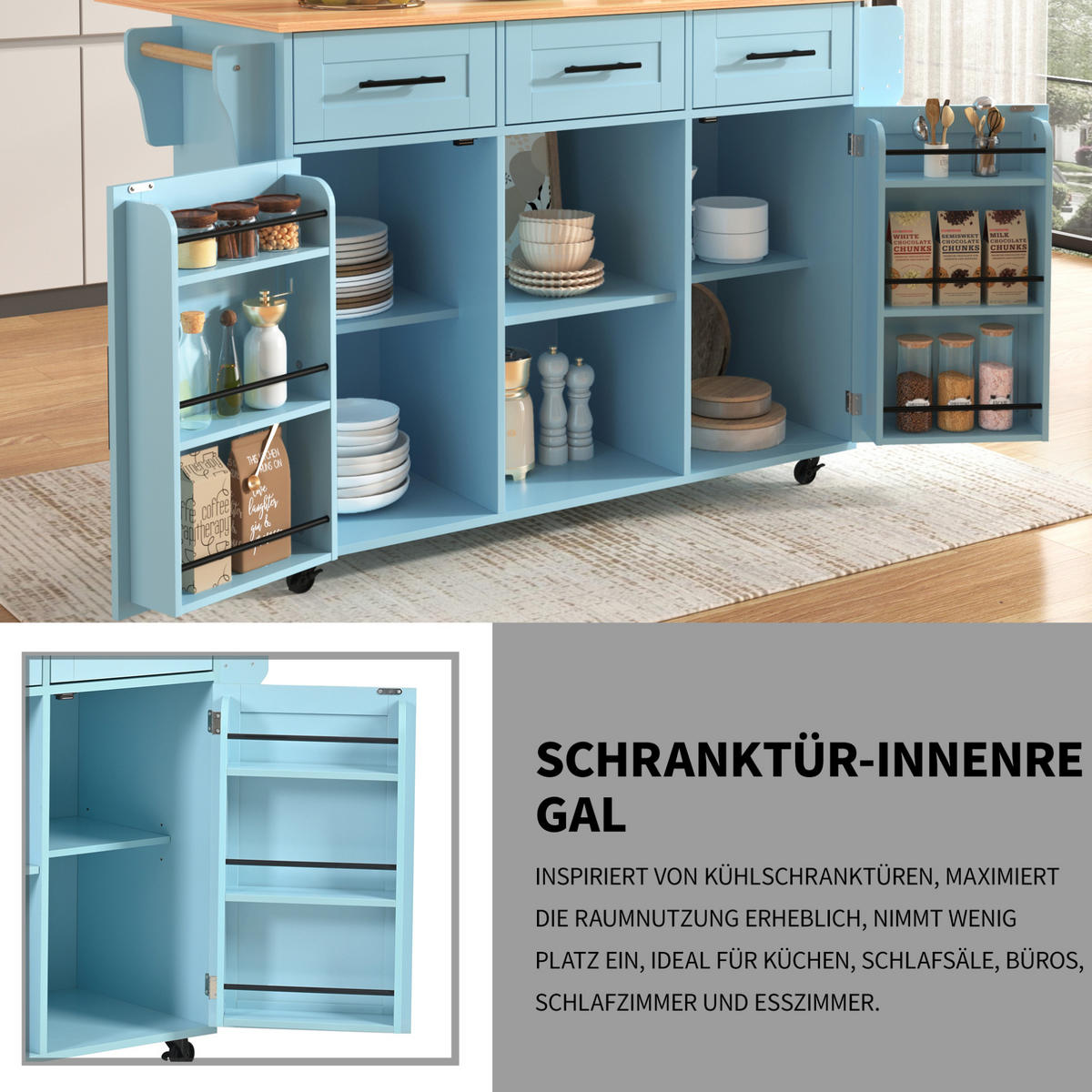 KÜCHENWAGEN 139/46(71)/91,5 cm in Blau mit klappbarer Platte und Rollen - Blau, Holzwerkstoff (139/91.5/46cm) - Flora Grace