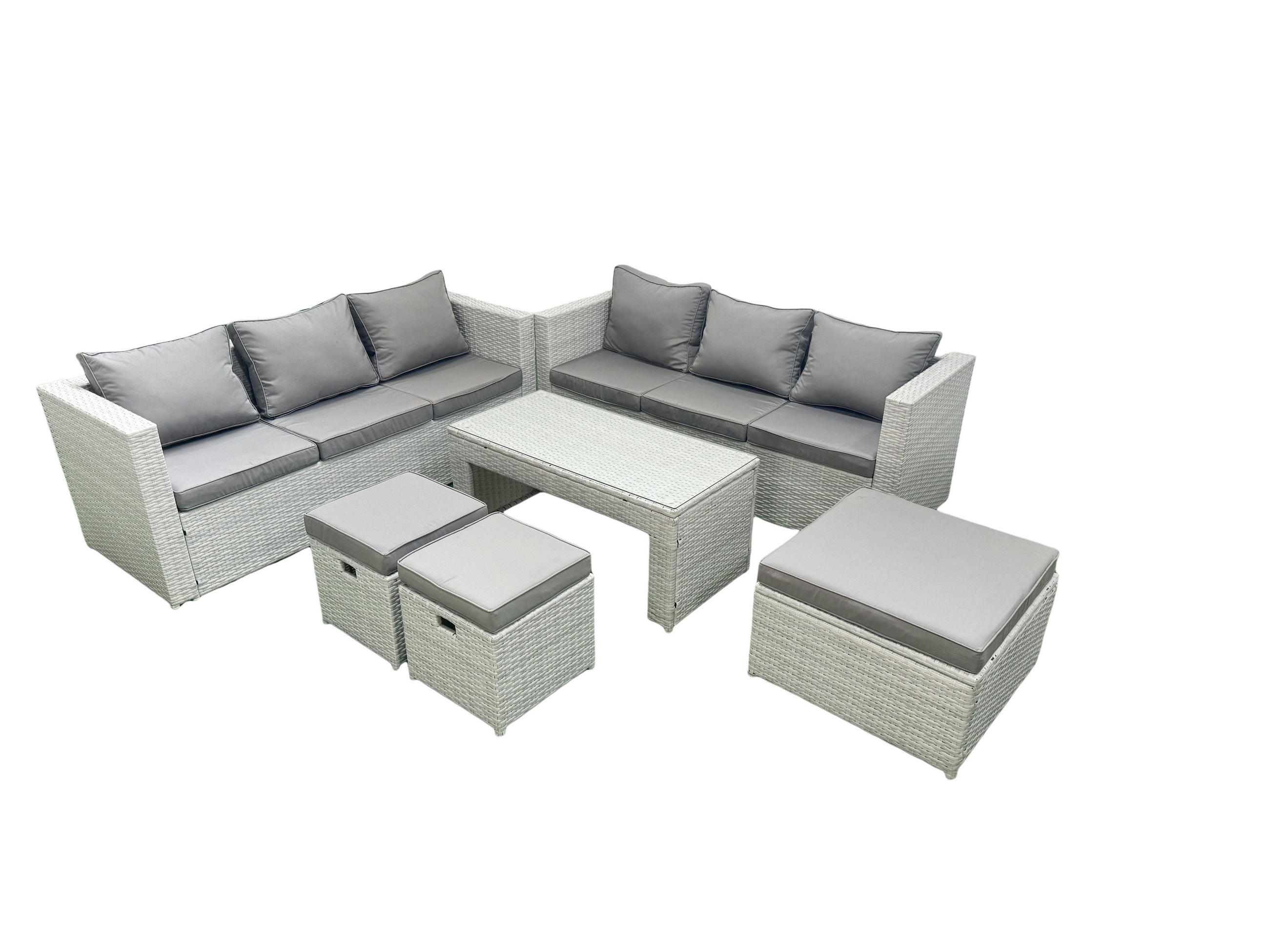 GARTENSOFA hohe Rückenlehne Polyrattan Hellgrau-Mix 9-Sitzer - Hellgrau/Grau, Glas/Kunststoff - Fimous