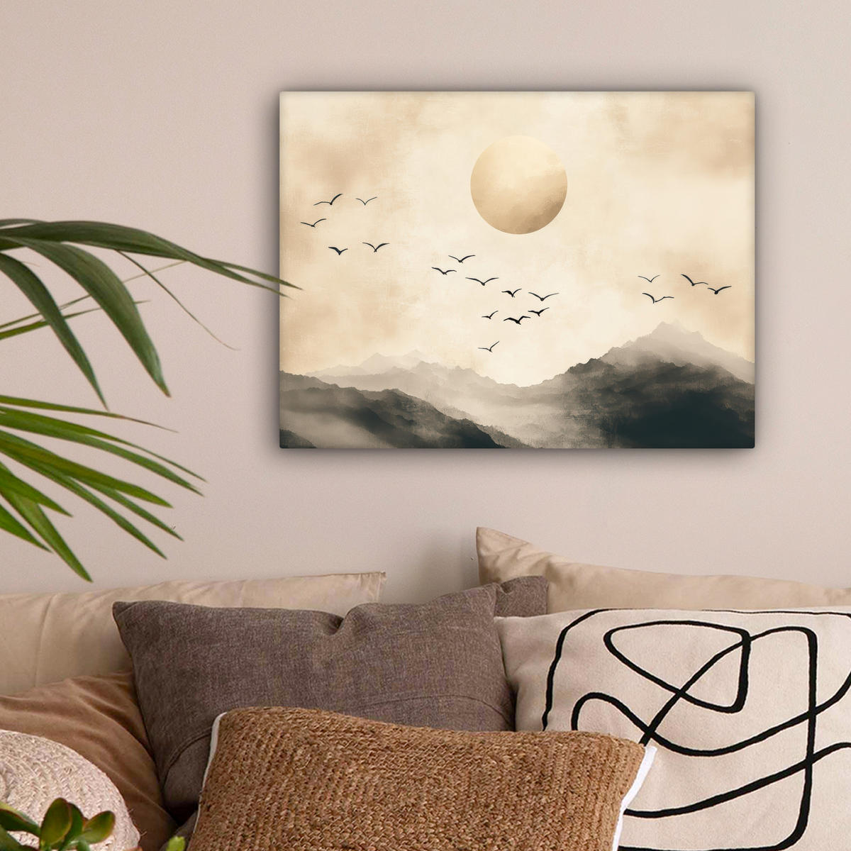 LEINWANDBILD Landschaft - Japandi - Vogel 40x30 cm - Beige, Textil (40/30cm) - MuchoWow