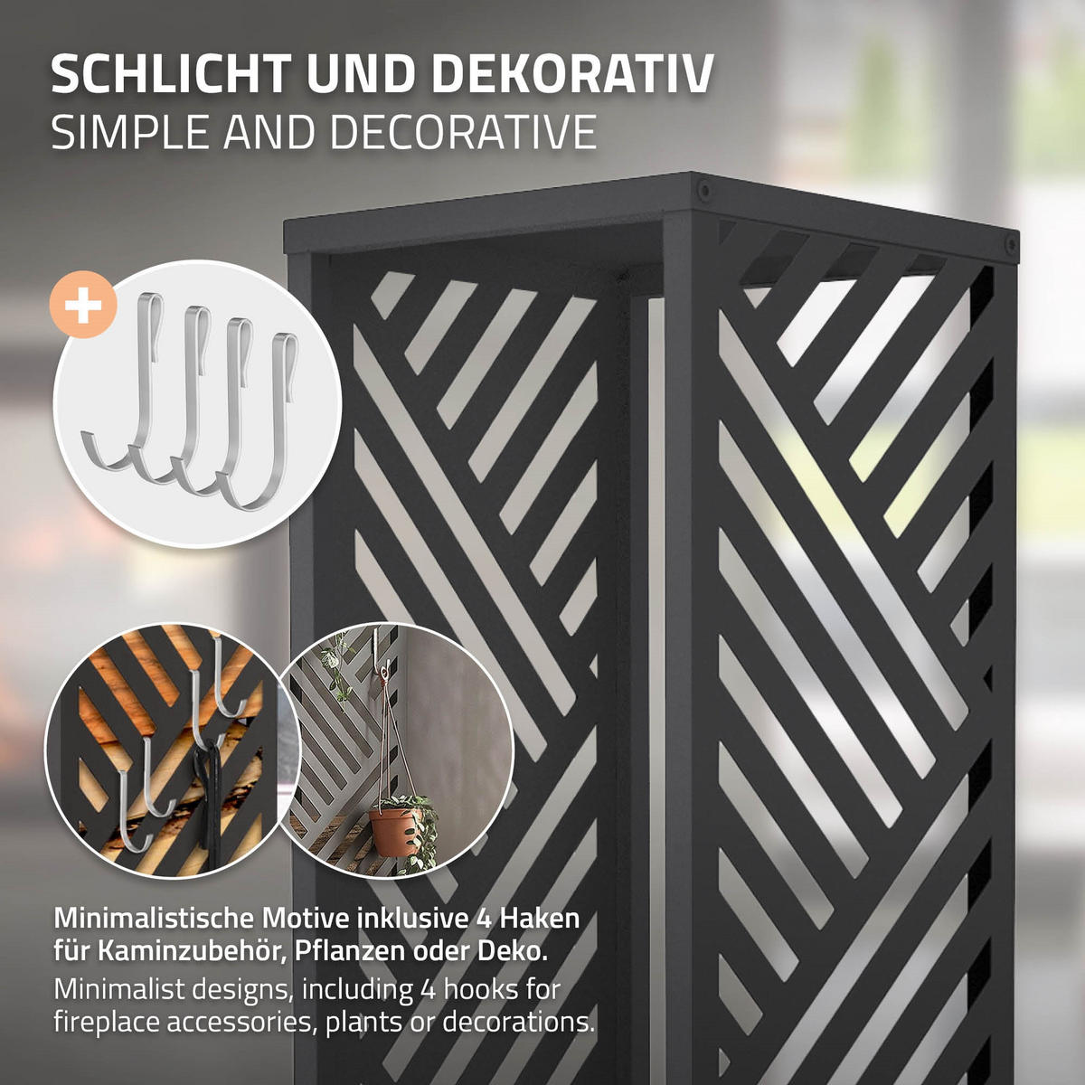 REGÁL NA DŘEVO Regál na palivové dřevo pro vnitřní i venkovní použití 37,5 x 37,5 x 112 cm, pozinkovaná ocel, antracit, pruhovaný vzor - antracitová, kov (37.5/112/37.5cm) - ML-DESIGN