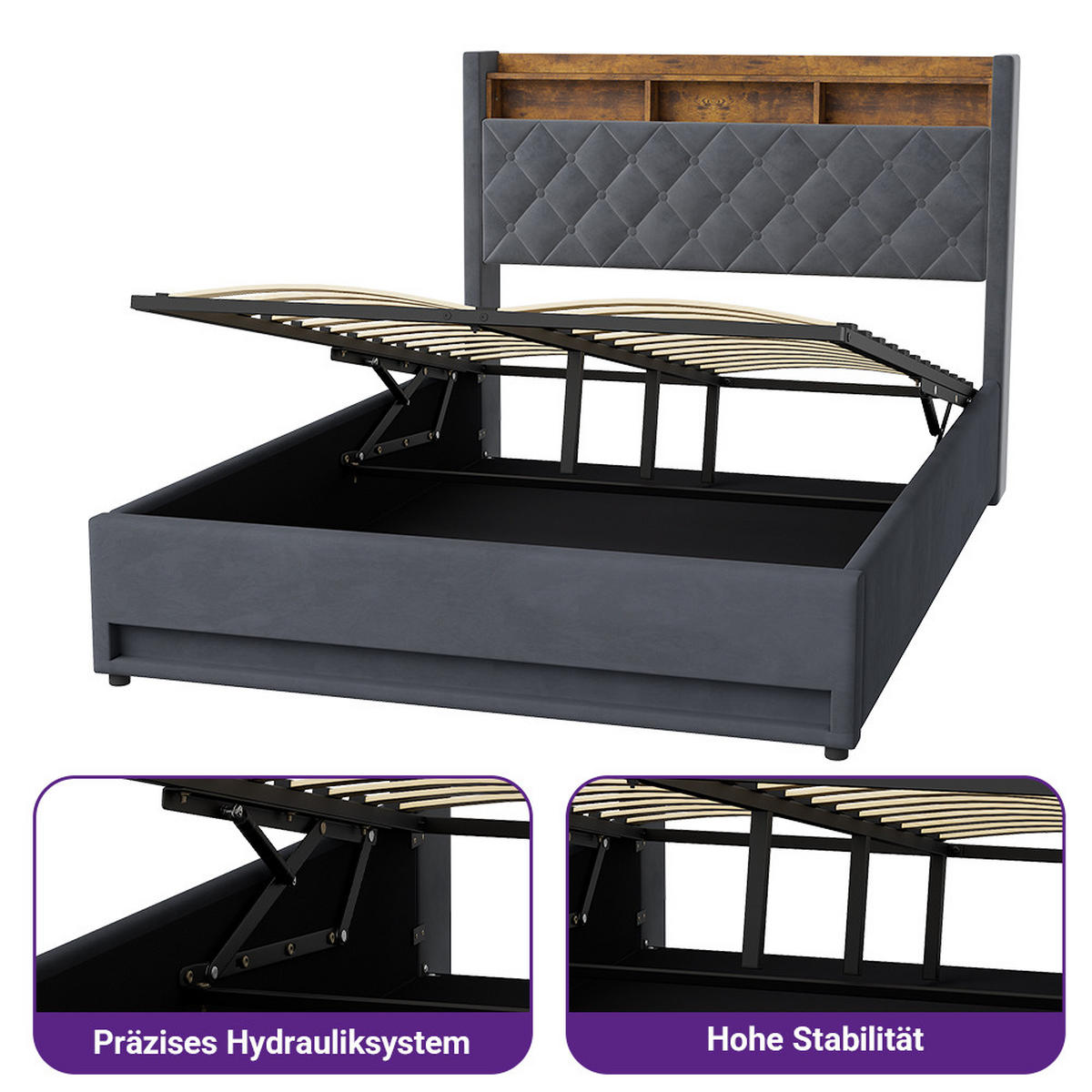 POLSTERBETT 140/190 cm in Grau Samt mit Bettkasten, LED-Beleuchtung und USB-Anschluss - Grau, Holzwerkstoff/Textil (140/190cm) - CHICFURN
