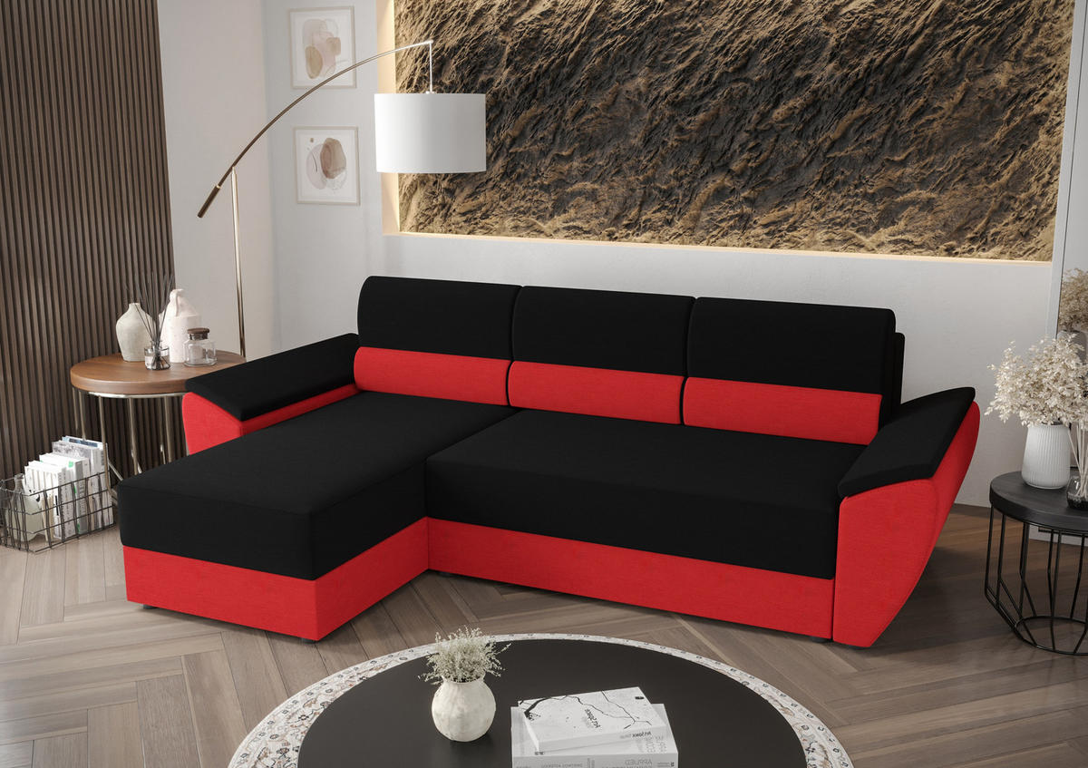 ECKSOFA L REBI L2 Rainbow 15/22 Links mit Schlaffunktion, Schwarz/Rot, L-Form - Rot/Schwarz, Textil (251/140cm)
