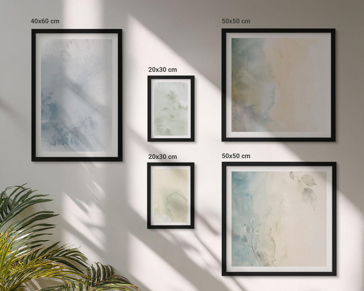 BILDER SET 5er Set - 50x50 cm & 20x30 cm & 40x60 cm Schwarzer Rahmen - Pastellfarbene Aquarell-Leinwandtextur - Schwarz, Kunststoff (40/60cm) - TULUP