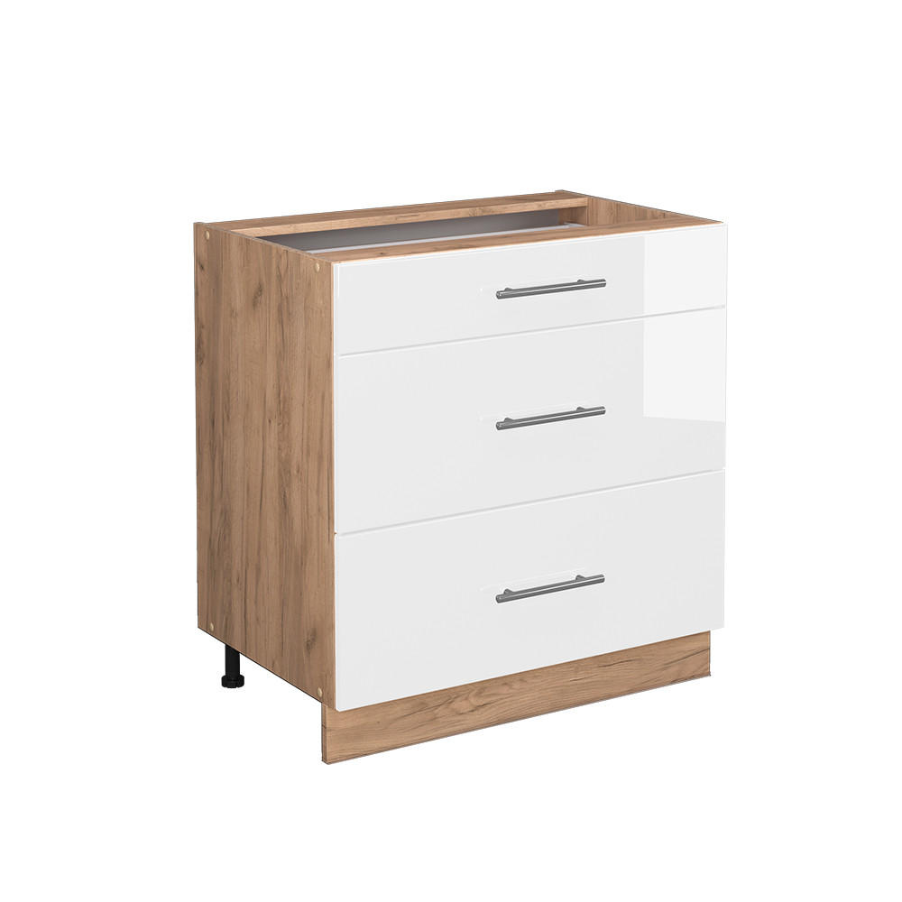 KÜCHENUNTERSCHRANK Fame-Line Weiß Hochglanz 80 cm mit 3 Schubladen ohne AP - Weiß Hochglanz/Eiche Wotan, Holzwerkstoff (80/82/51.6cm) - Vicco