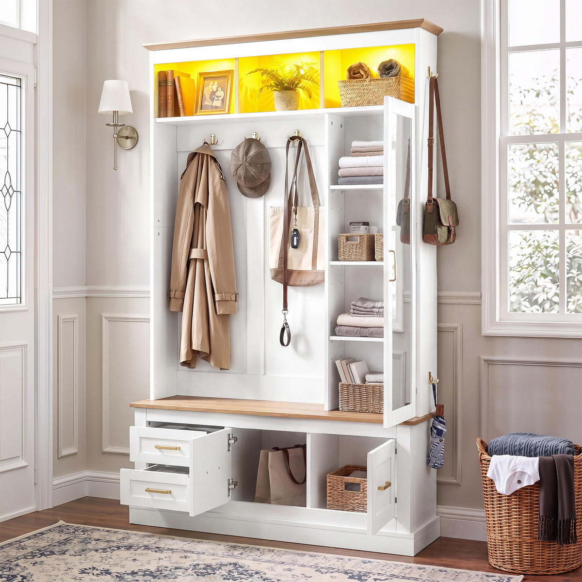 GARDEROBE Flur Set Spiegel Sitzbank Schuhschrank Haken 80cm Weiß - Weiß, Holzwerkstoff (110/180/32cm) - FLIEKS
