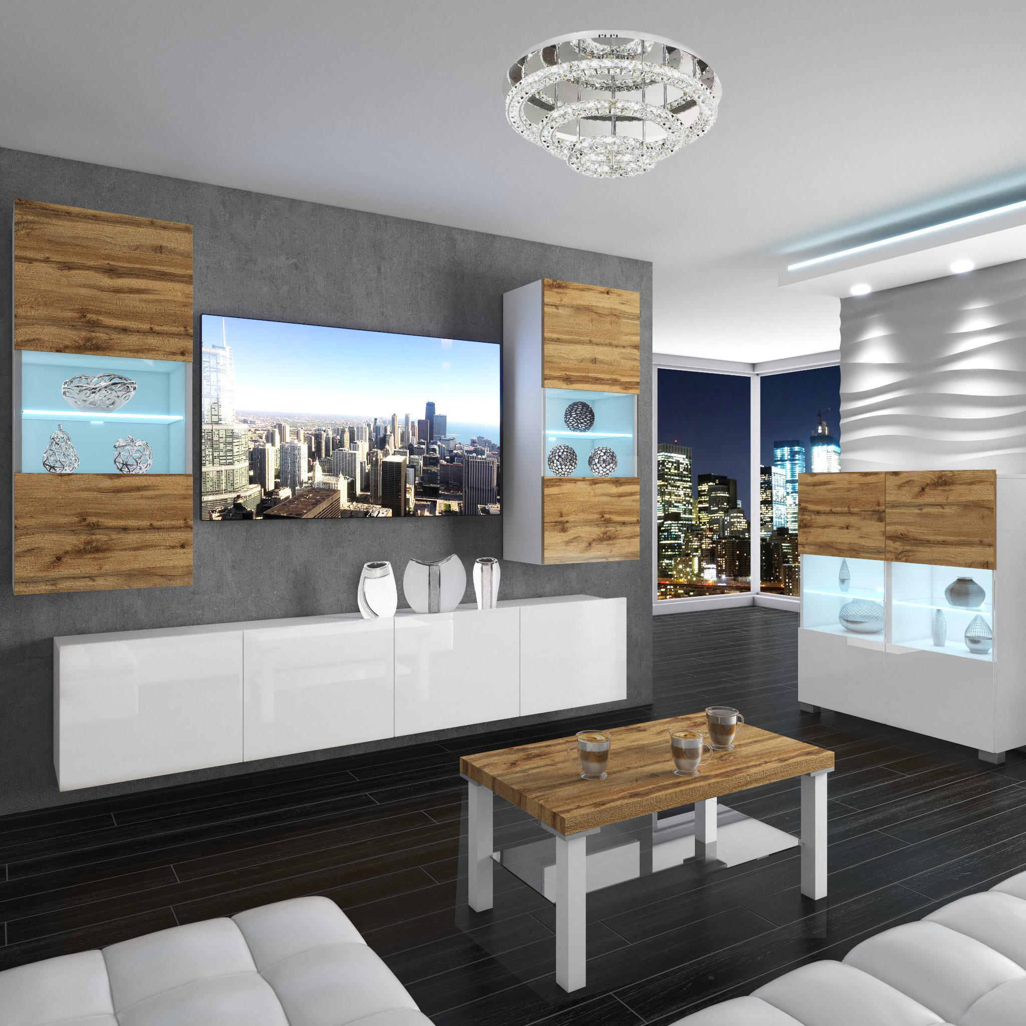 WOHNZIMMERWAND Schrankwand mit LED Eiche Wotan / Weiß - Braun/Weiß, Holz (200/180/36cm) - B BELINI GROUP