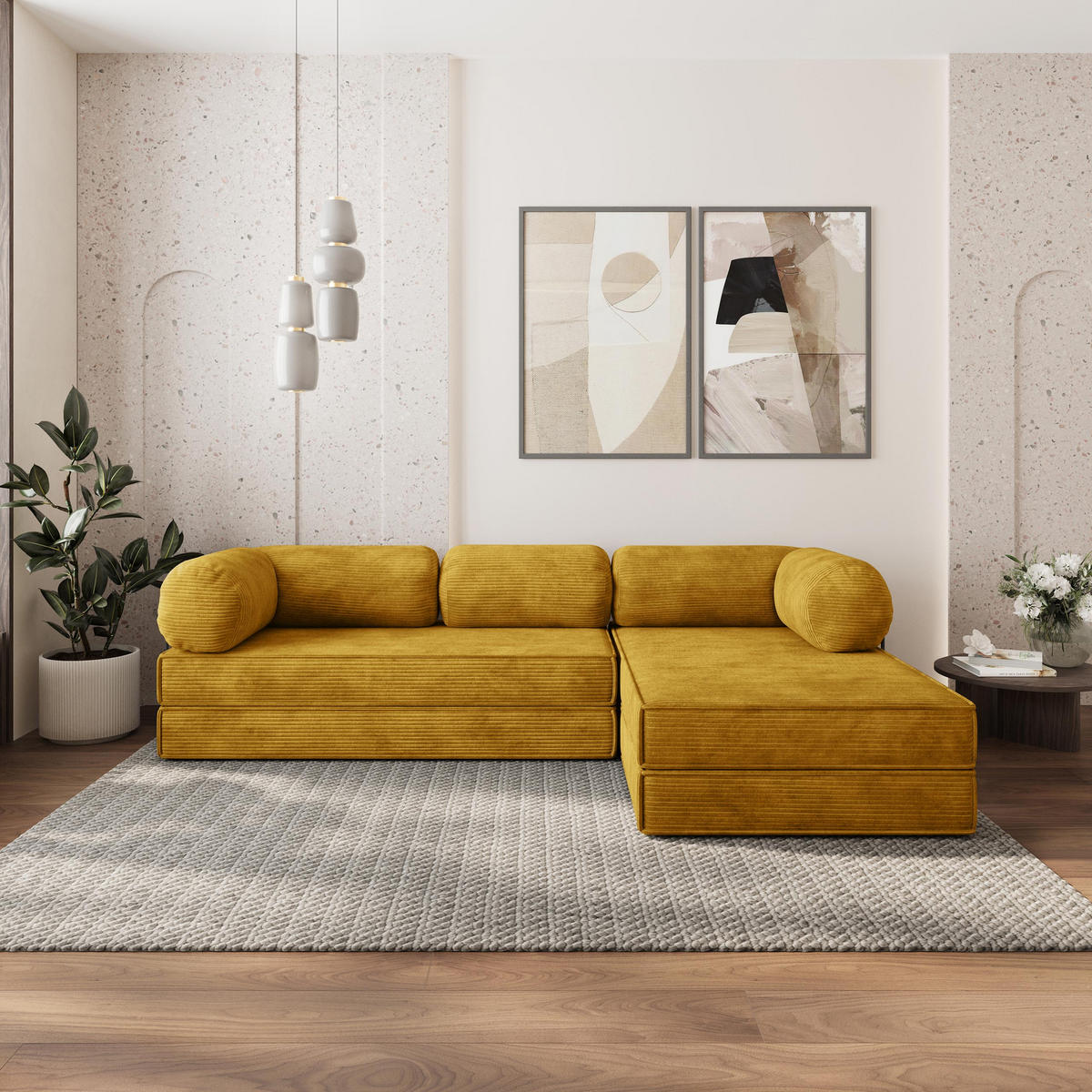 ROHOVÁ SEDAČKA ETERA modulární Boneless pohovka s funkcí spaní, žlutá POSO 01 - žlutá, textil (270/160cm) - MASSENO