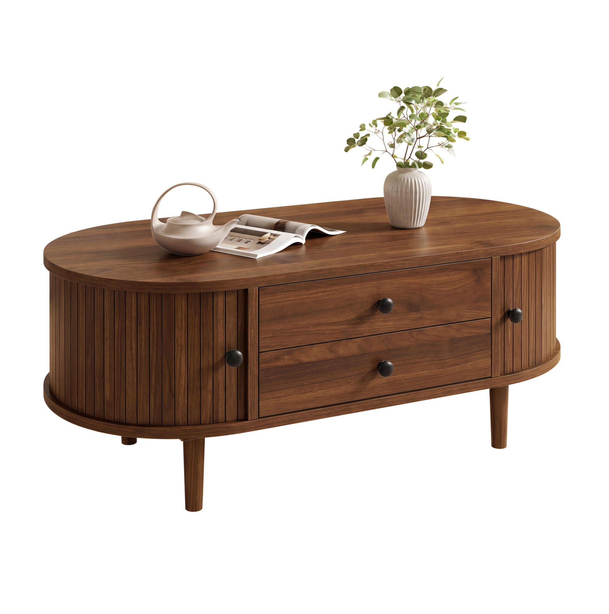 COUCHTISCH 100/50/40 cm in Nussbaum mit Schiebetüren und 2 Schubladen - Walnussfarben, Holzwerkstoff (50/100/40cm) - BEAOK