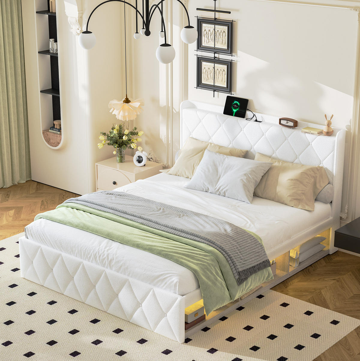 POLSTERBETT 160x200 cm in Weiß mit USB-Ladefunktion und LED-Beleuchtung - Weiß, Textil (160/200cm) - IVMEU
