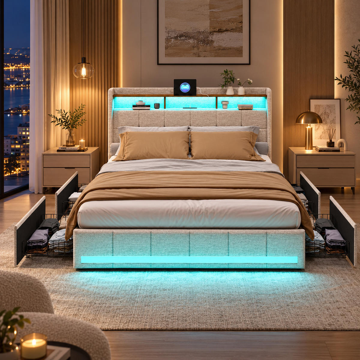 DOPPELBETT,POLSTERBETT 160/200 cm mit Schubladen und LED&Ladefunktion,Beige - Beige, Holz/Textil (160/200cm) - PARAFTA HOME