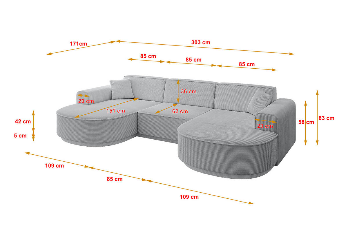 WOHNLANDSCHAFT MARI-U1-v3 - 303x171x83 cm Grau Cord - Schwarz/Grau, Holzwerkstoff/Kunststoff (303/83/171cm) - ALTDECOR