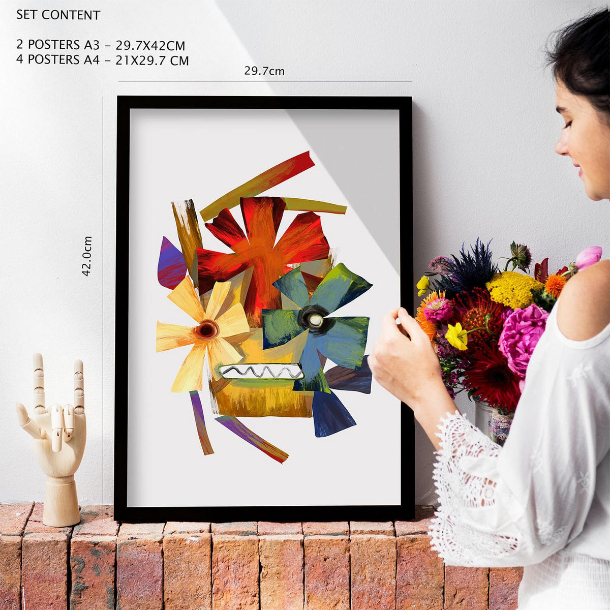 POSTER Set Mit 6 Handte Kunst In Blume Zusammenfassung Ästhetische Dekorative Gemälde Für Ihr Wohnzimmer Zuhause A3 & A4 Rahmen Aus Hellem Holz - Beige, Papier (29/3cm) - Nacnic