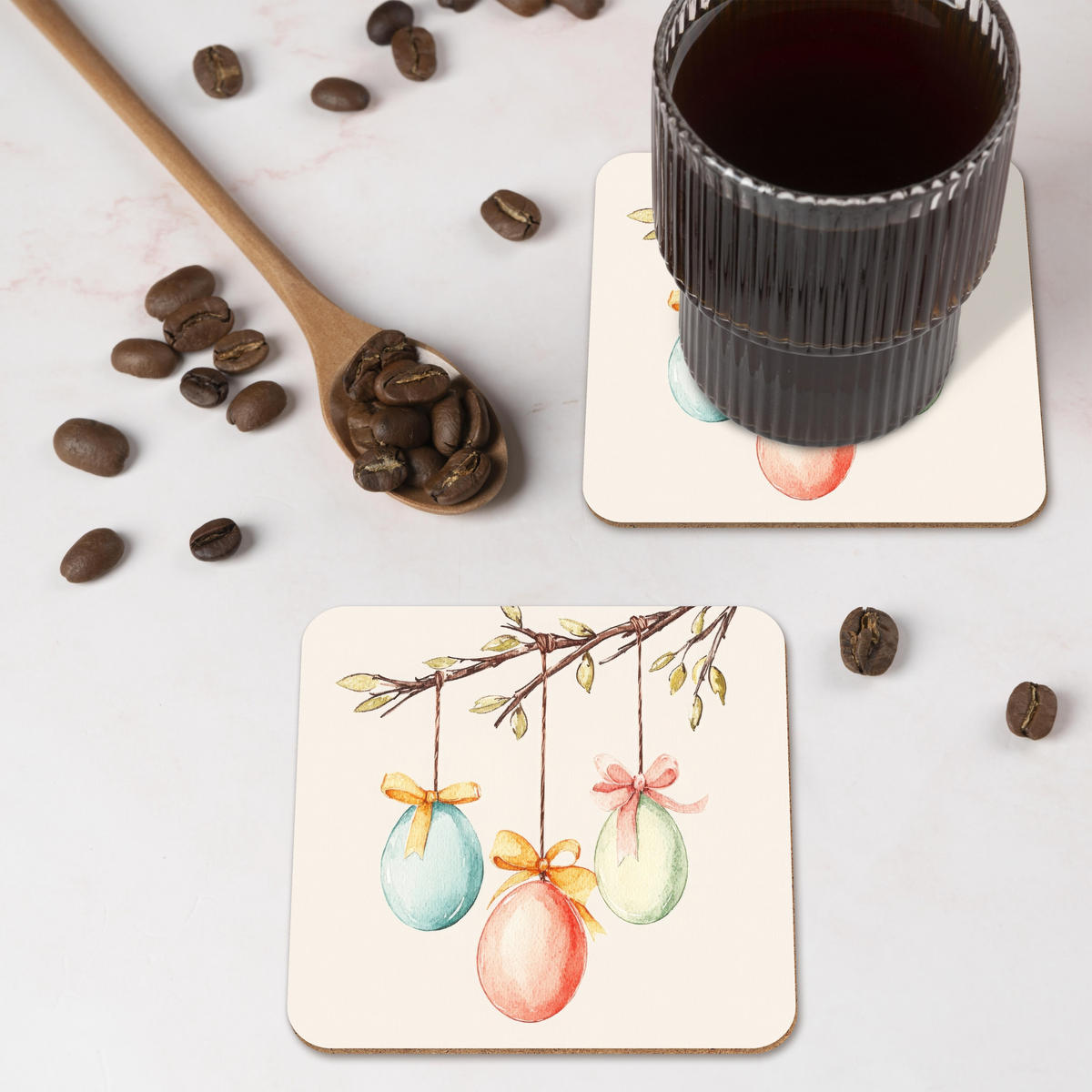 GLASUNTERSETZER 6er-Set Osterkuchen - Schleife - Eier 10x10 cm - Creme, Naturmaterialien (10/0.2cm) - MuchoWow