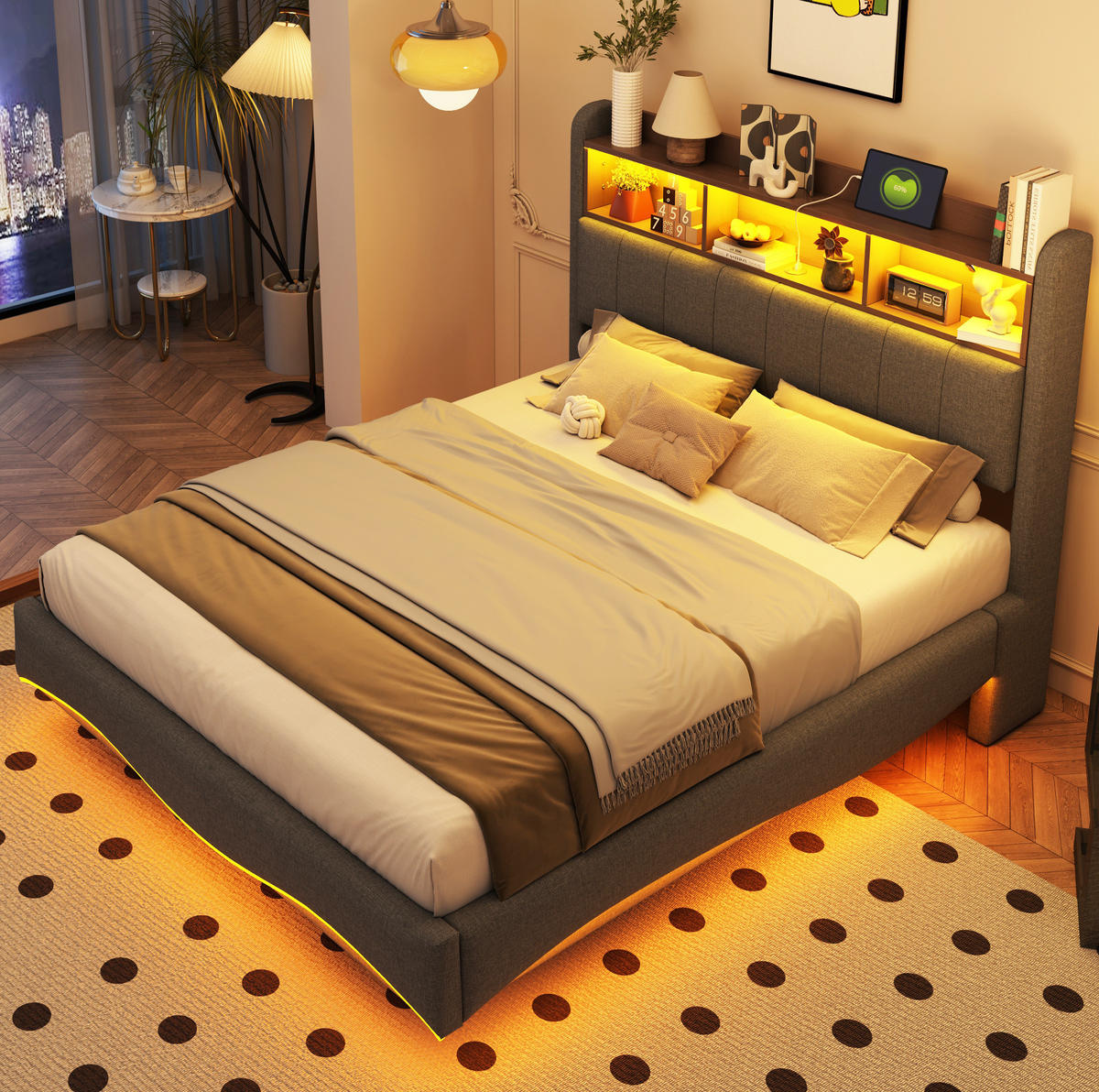POLSTERBETT mit LED-Beleuchtung 140/200 cm mit USB-C und Stauraum, Grau - Grau, Textil (140/200cm) - BEAOK