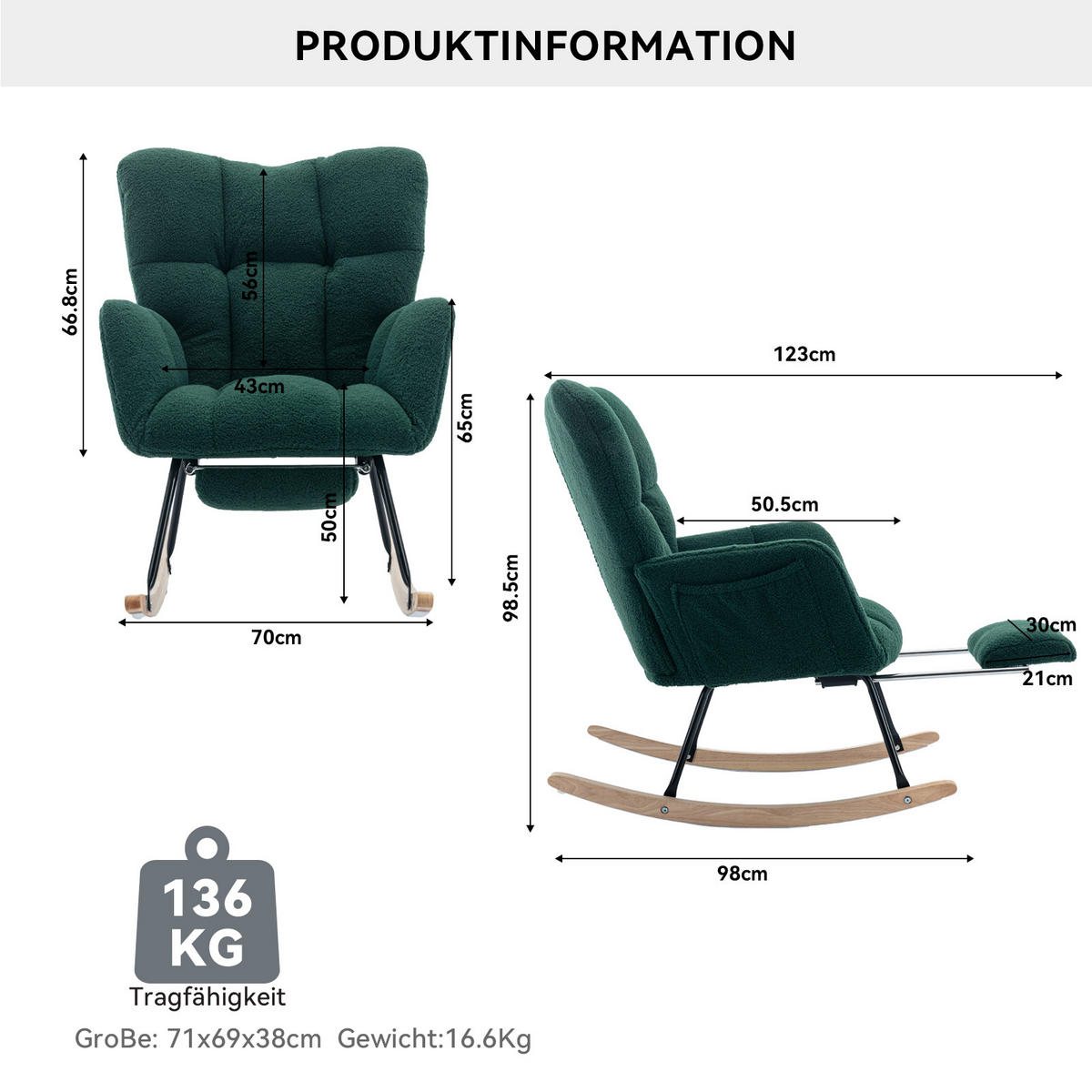 SCHAUKELSTUHL Teddy-Stoff mit klappbarer Fußstütze 80/98/98.5 cm Grün - Grün, Textil (98/98.5/80cm) - Redom