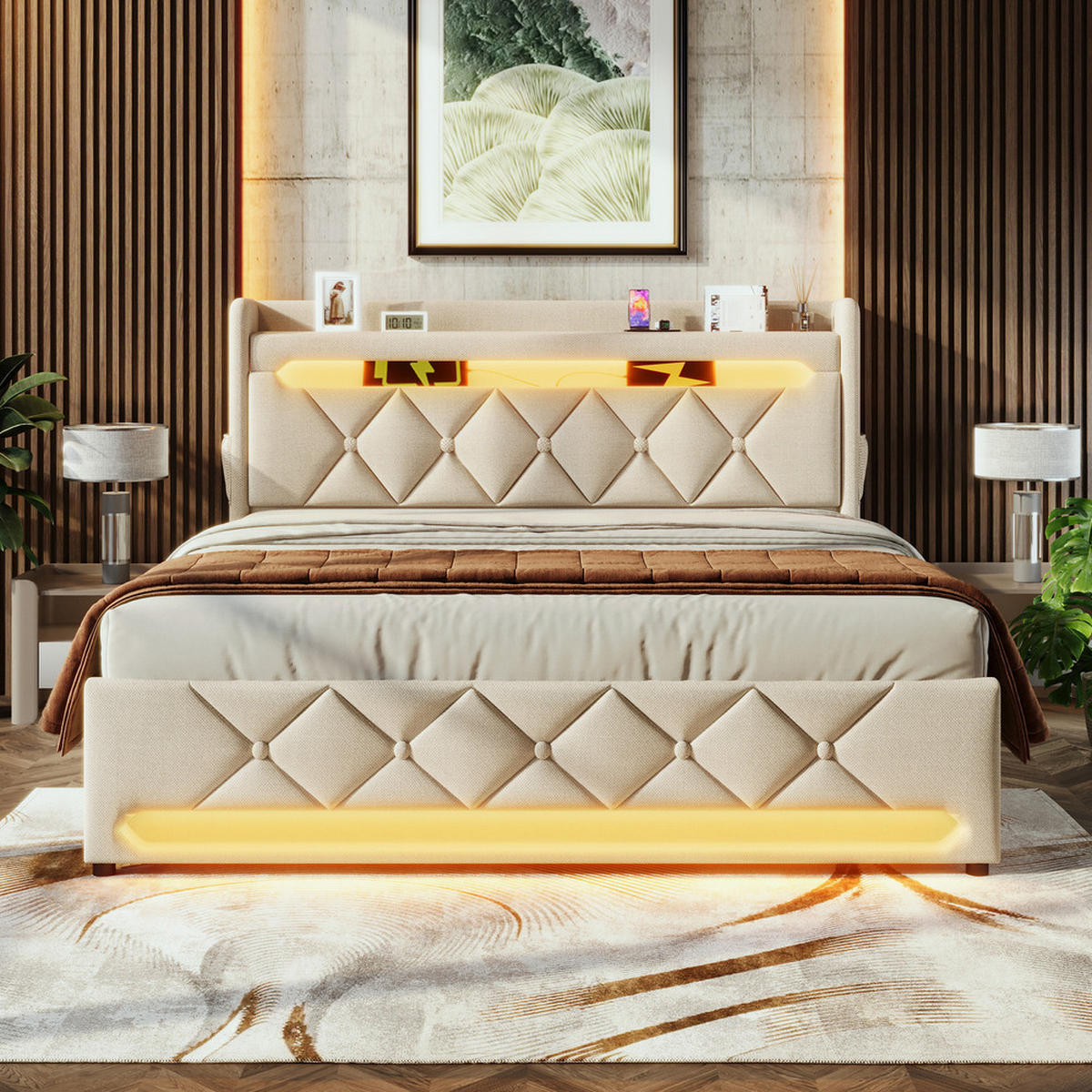 POLSTERBETT 160x200cm Doppelbett USB-C 360° LED Beleuchtung Stauraum Beige - Beige, Holz - FLIEKS