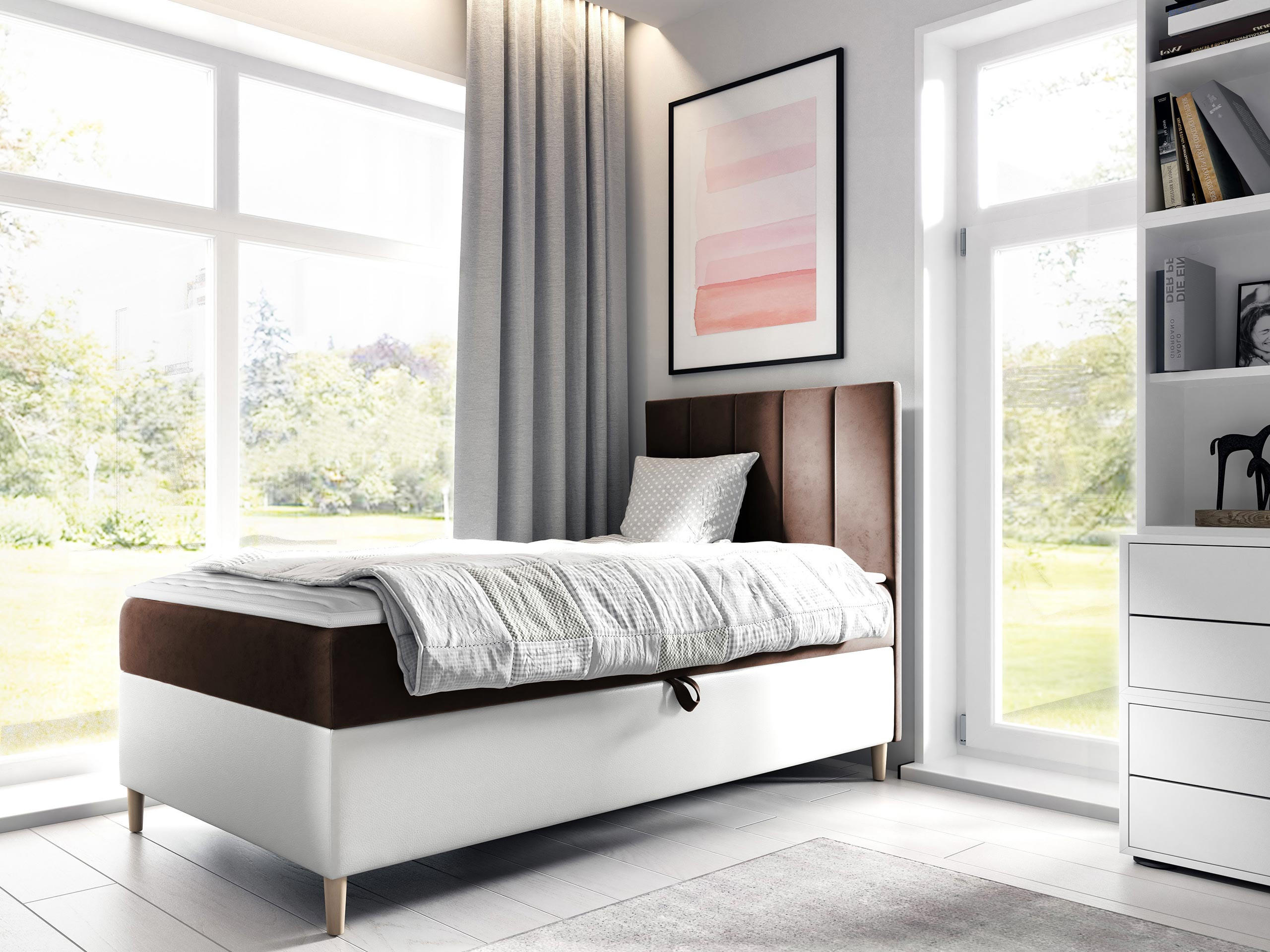 BOXBETT Maja Junior 1, Seite zum Öffnen des Bettkastens: Rechts - Weiß/Braun, Holz (90/200cm) - MIRJAN24
