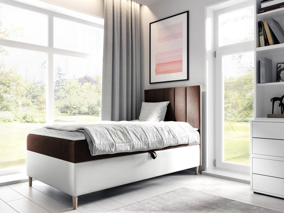BOXBETT Maja Junior 1, Seite zum Öffnen des Bettkastens: Rechts - Weiß/Braun, Holz (90/200cm) - MIRJAN24