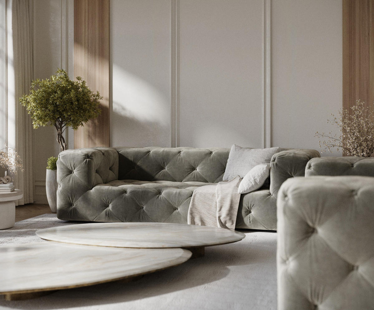 3-SITZER-SOFA Cosimo Grau Samtstoff - Schwarz/Grau, Holz/Holzwerkstoff (230/71/100cm) - Maison de Reve