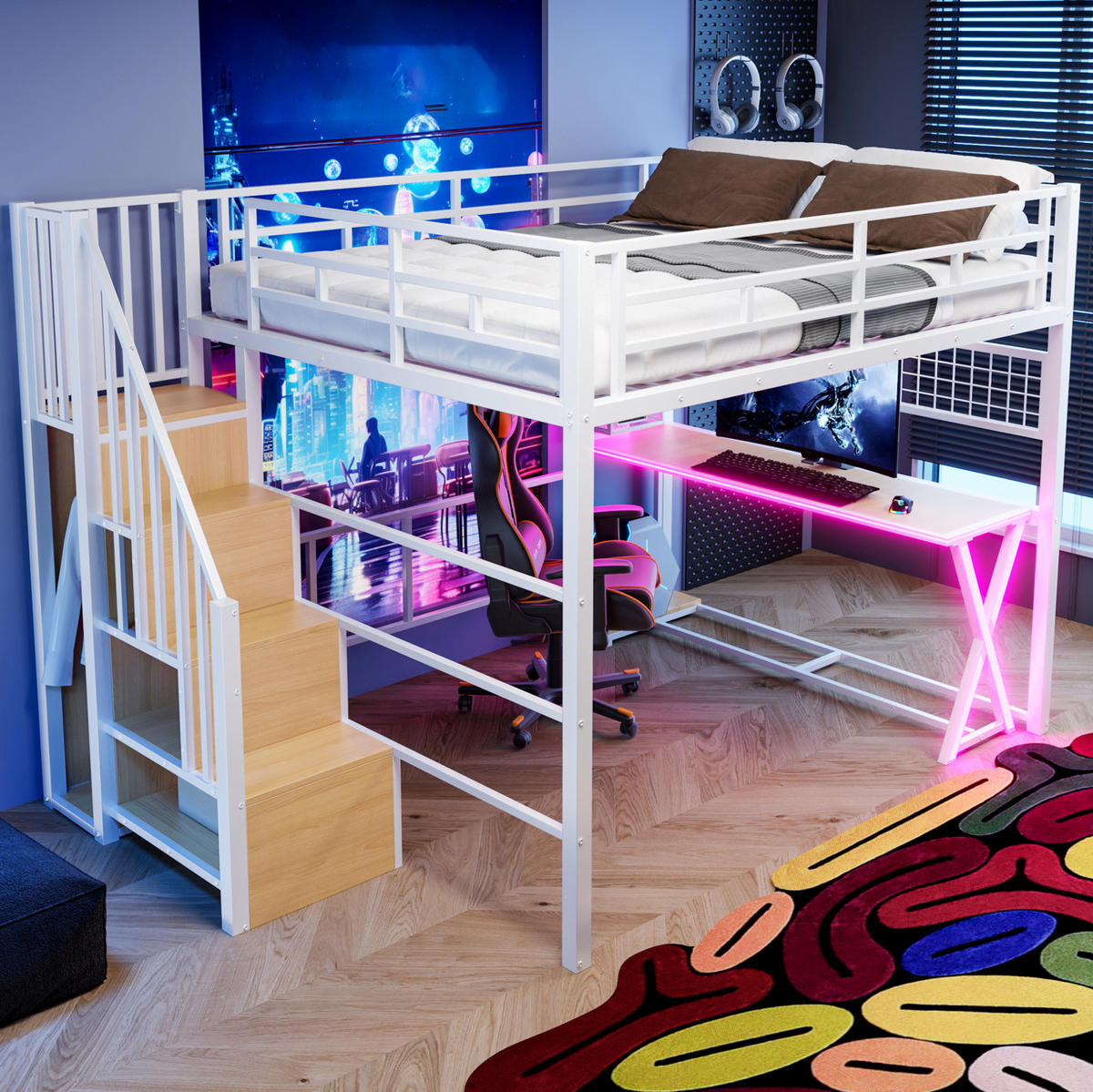 HOCHBETT aus Metall und MDF 160x200 cm Weiß mit LED-Beleuchtung, Schreibtisch und Kleiderschrank - Weiß, Holzwerkstoff (160/200cm) - Modfu