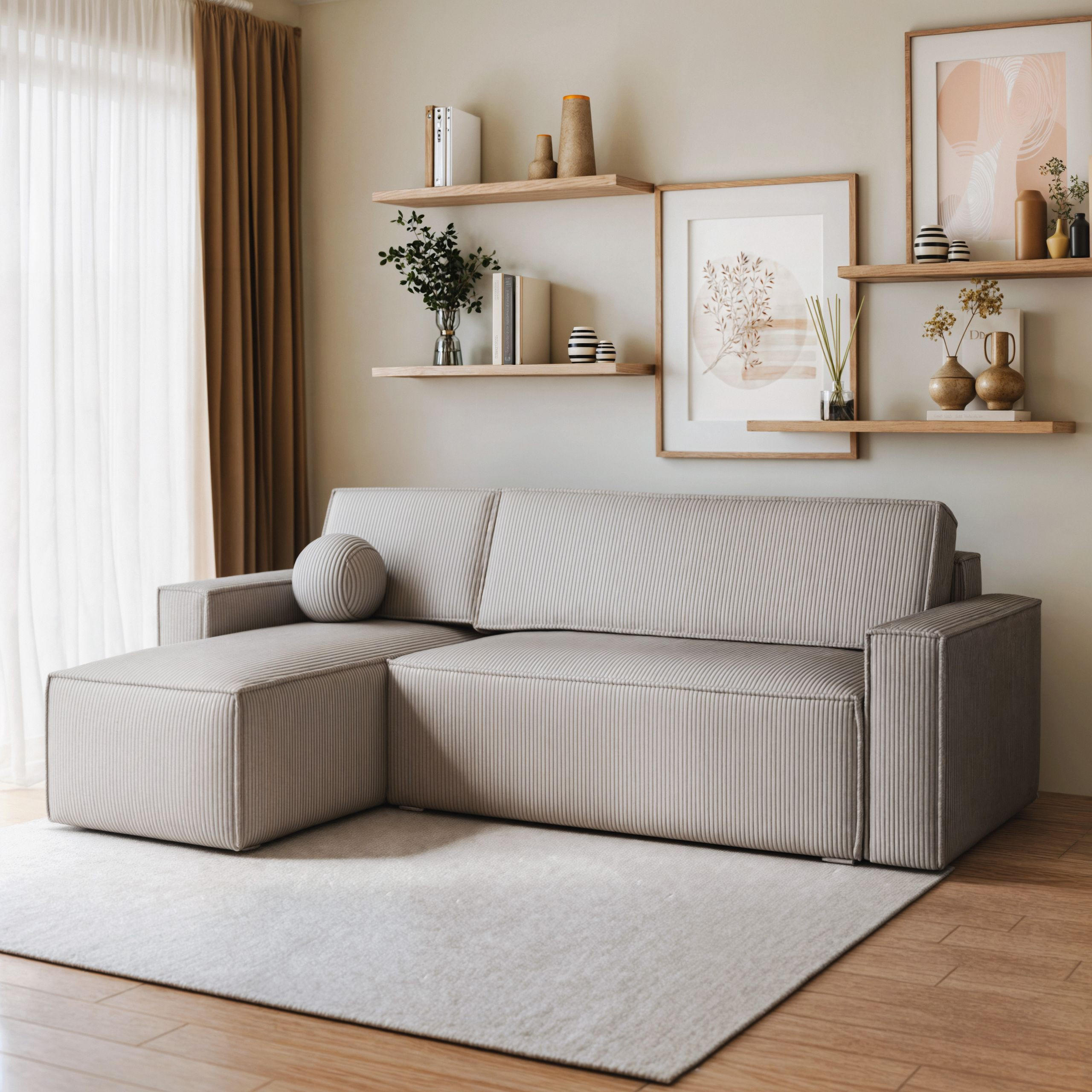 ECKSOFA RAVELO P Hellgrau Kordstoff mit Schlaffunktion - Hellgrau, Holz (240/140cm) - MASSENO