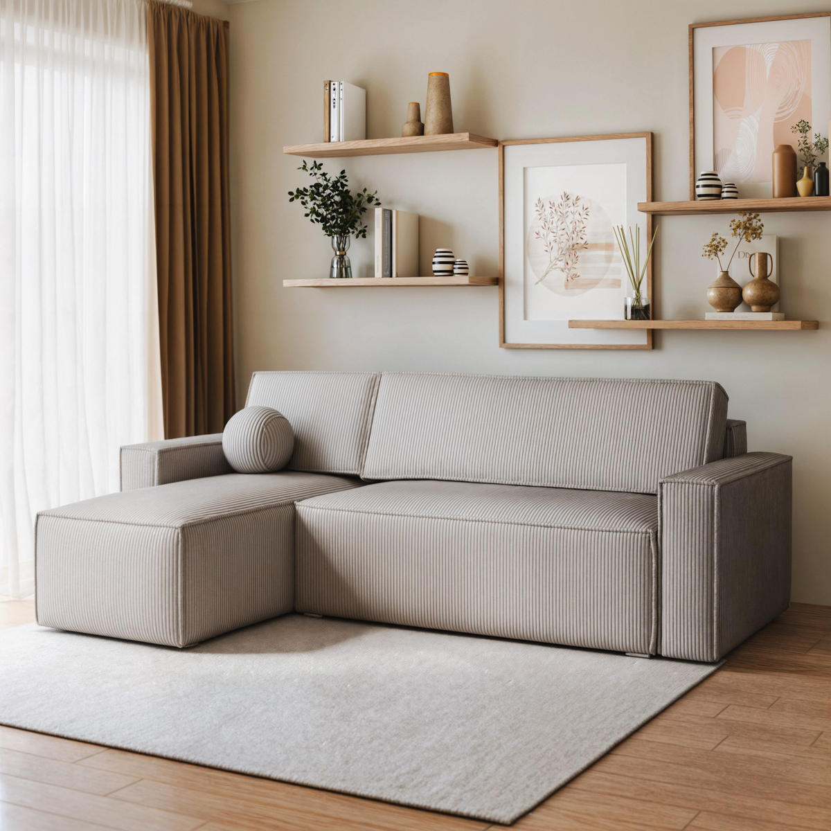 ECKSOFA RAVELO P Hellgrau Kordstoff mit Schlaffunktion - Hellgrau, Holz (240/140cm) - MASSENO