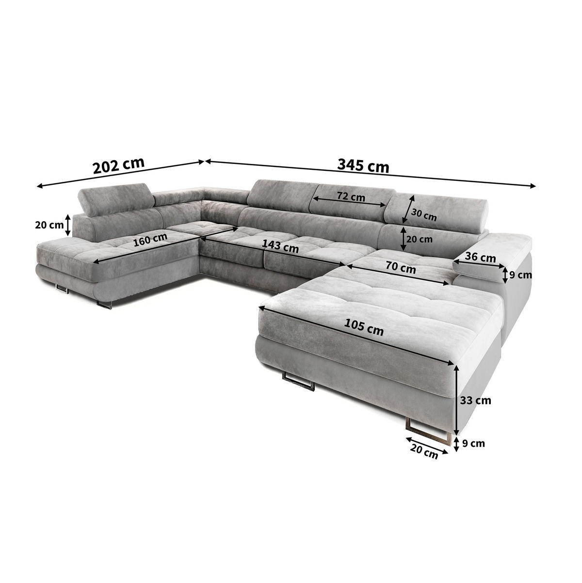 WOHNLANDSCHAFT CASONE L-S Grau Velours-Stoff mit Schlaffunktion - Grau, Holz (345/90/202cm) - MASSENO