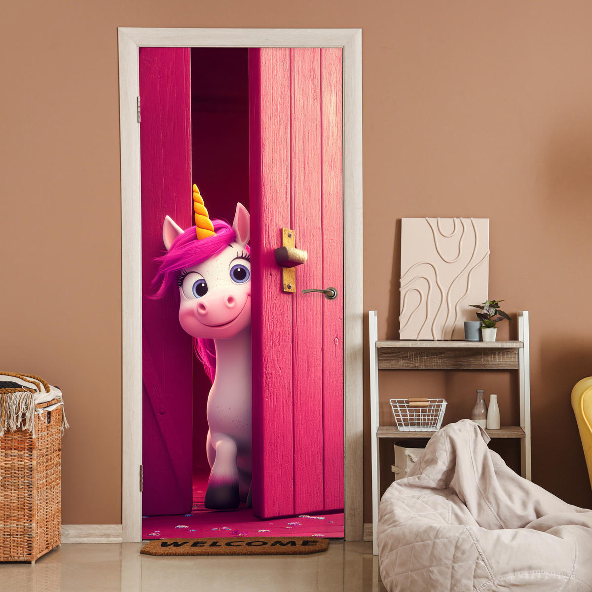 TÜRAUFKLEBER Selbstklebend - Einhorn - Rosa - Tür - Fantasie 95x215 cm - Türtapete - Pink, Kunststoff (95/0.1cm) - MuchoWow