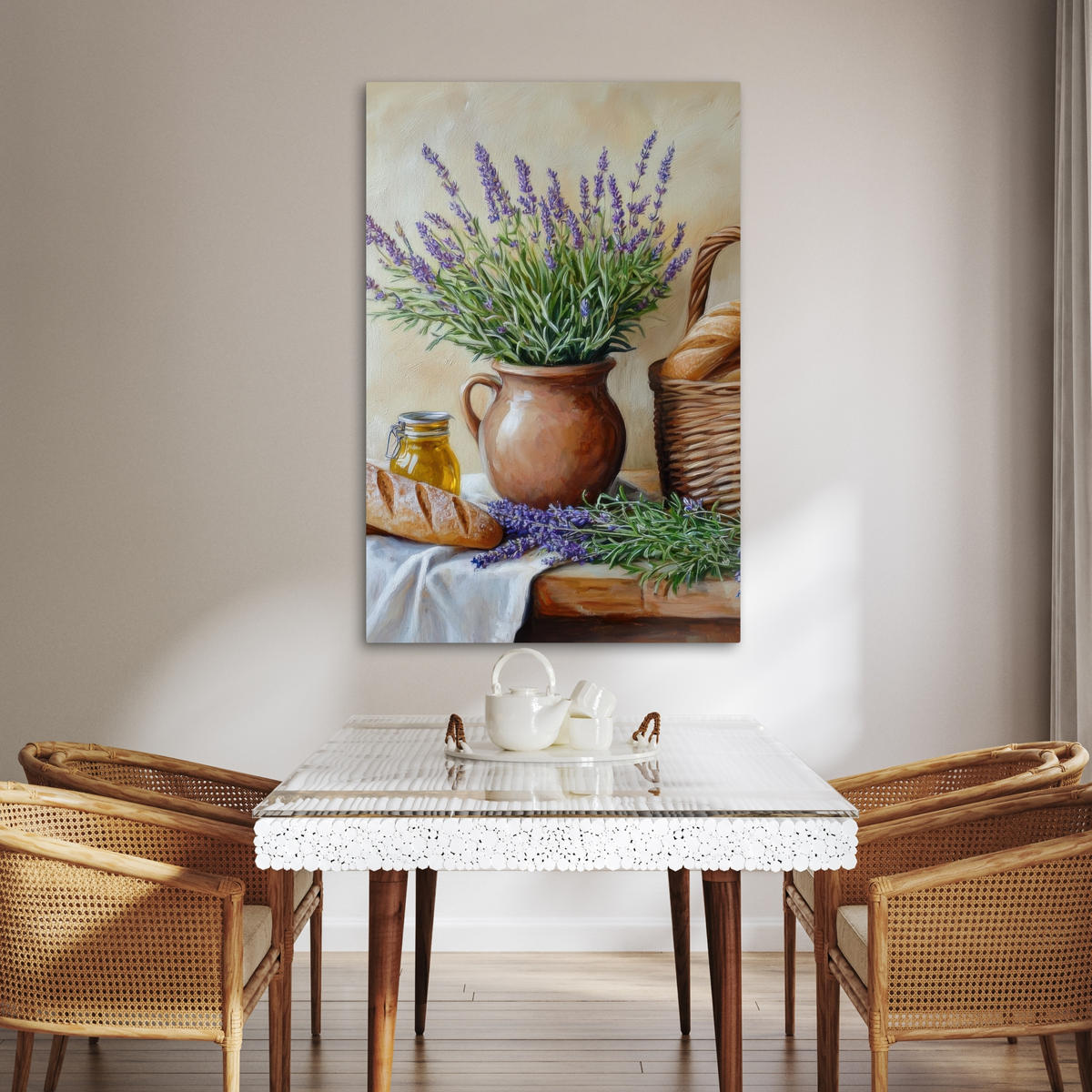 LEINWANDBILD Lavendel - Brot - Stilleben 80x120 cm - Flieder, Textil (80/120cm) - MuchoWow