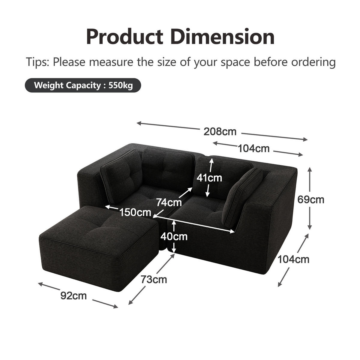 2-SITZER Sofa 208x177x69 cm aus Cordstoff rahmenlos modular mit beweglicher Fußstütze, schwarz - Schwarz, Textil (177/69/208cm)