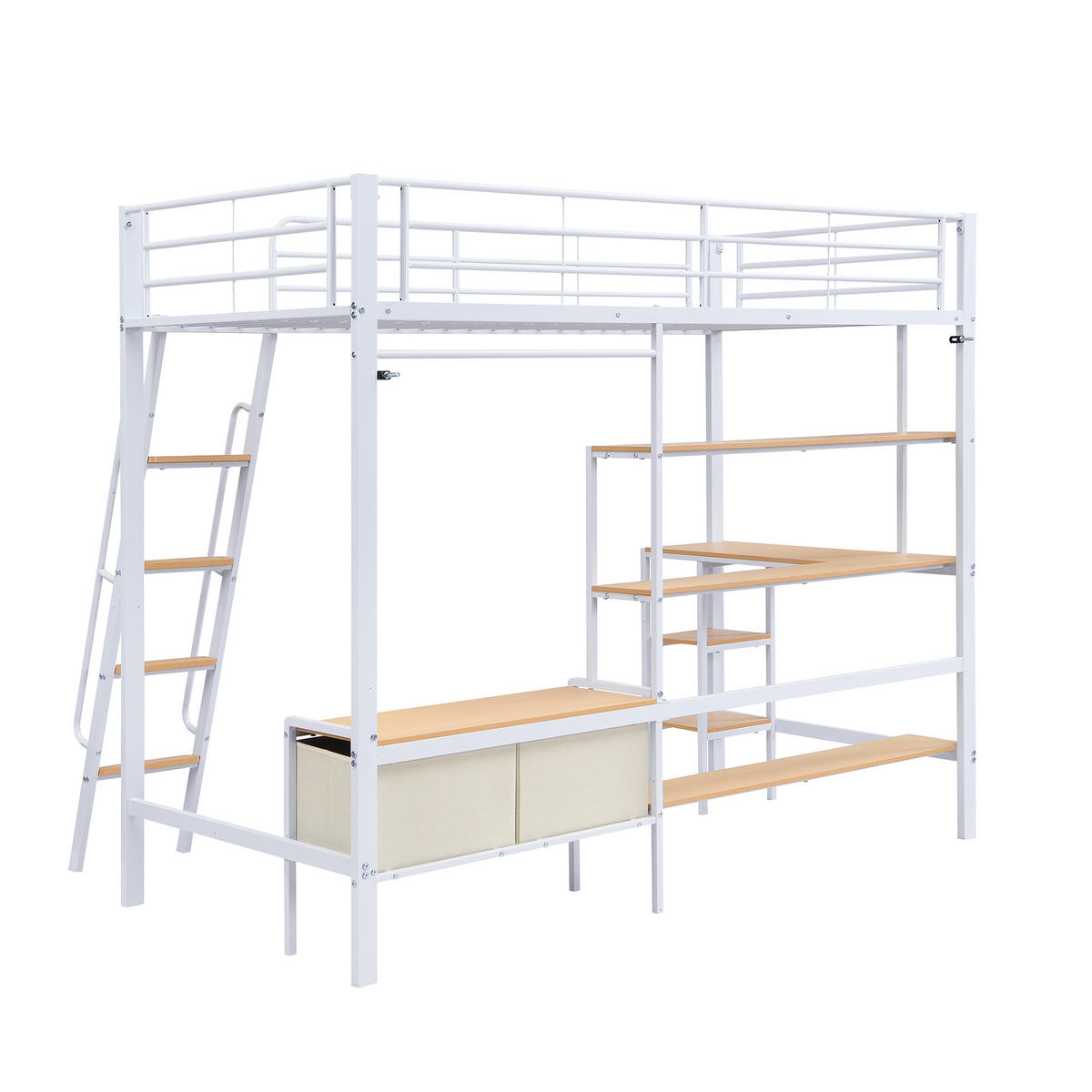 HOCHBETT 90/200 cm DE-02222, in Weiß, mit Schreibtisch und 2 Aufbewahrungsboxen - Weiß, Holzwerkstoff/Metall (90/200cm) - ComfortXL