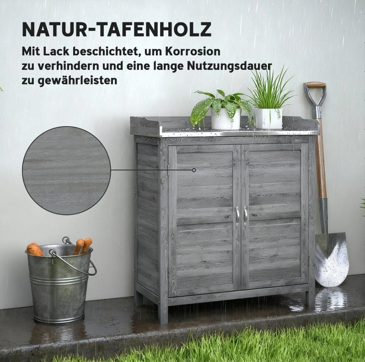 GARTENSCHRANK mit Pflanztisch, verzinkter Arbeitsplatte und 2 Innenfächern, Grau - Grau, Holz (40/92/83cm) - Redom