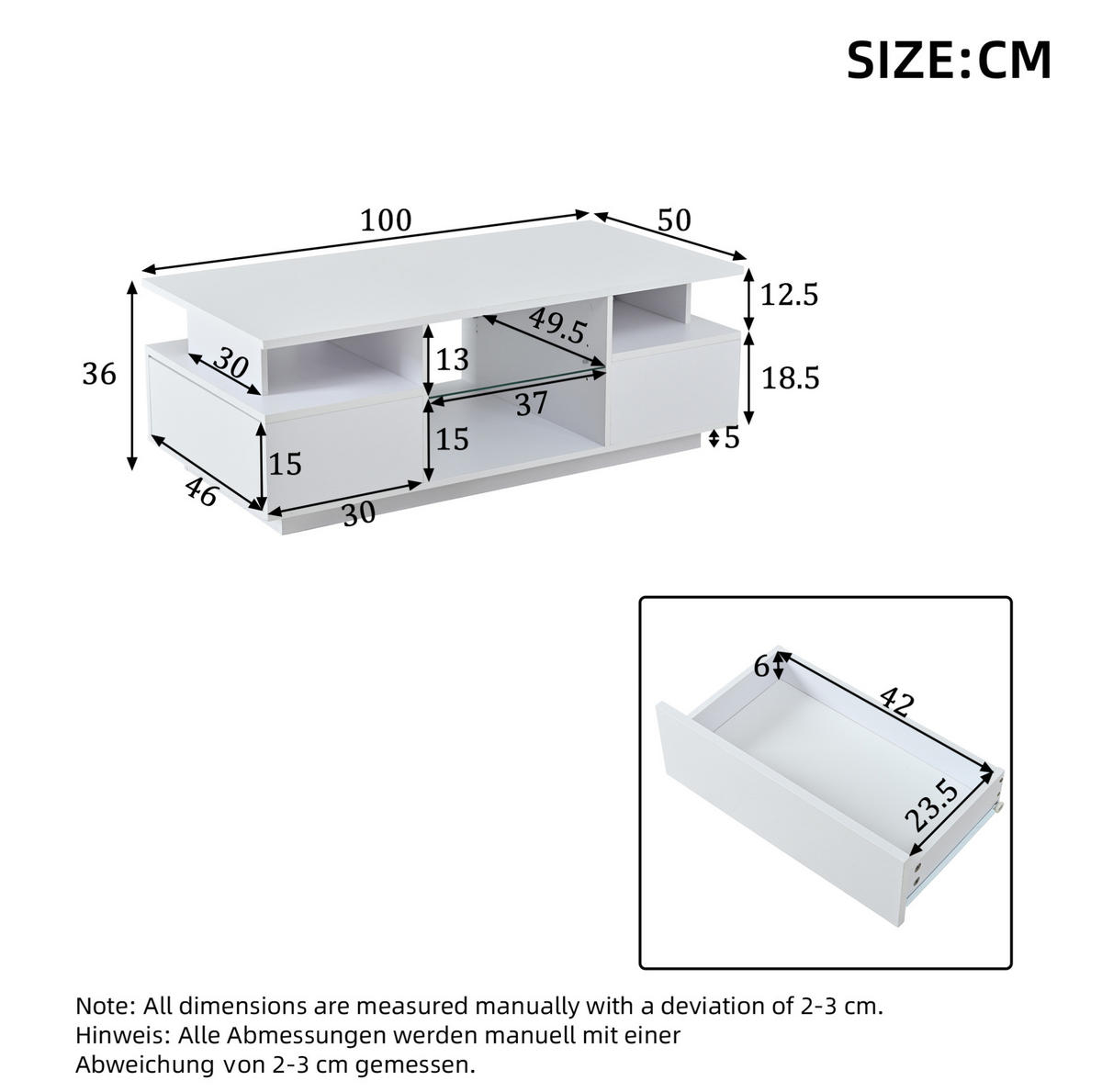 COUCHTISCH mit LED 100 x 50 x 36 cm Weiß mit 2 Schubladen - Weiß, Holzwerkstoff (100/50/36cm) - Meubliv