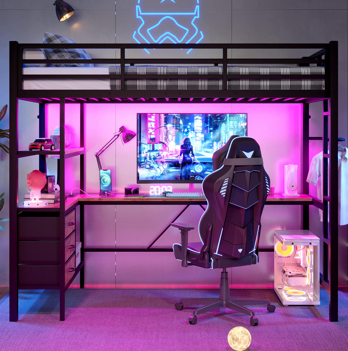 HOCHBETT 90/200 cm Schwarz aus Metall und MDF mit Schreibtisch - Schwarz, Metall (90/200cm) - OKMYHOME