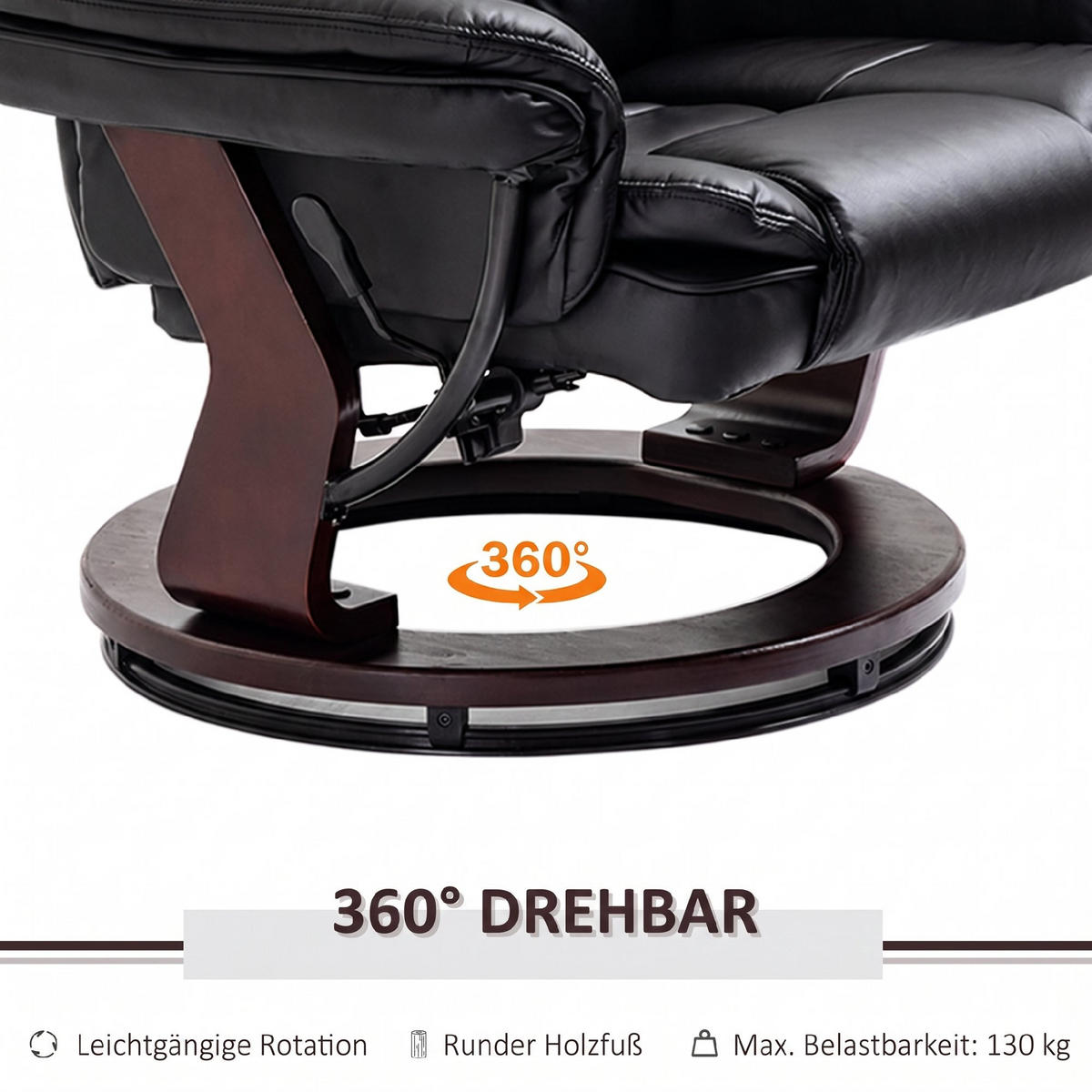 RELAXSESSEL mit Hocker 360°Drehbarer Fernsehsessel mit Liegefunktion Kunstleder - Schwarz/Braun, Leder/Holz (82/106/85cm) - HOMCOM