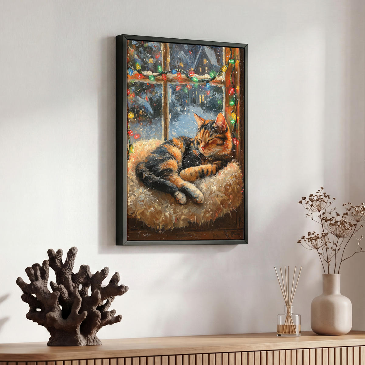 LEINWAND Bilder mit Rahmen - Katze - Weihnachten - Winter - Tier - 30x40 - Bernsteinfarben, Textil (30/40cm) - MuchoWow