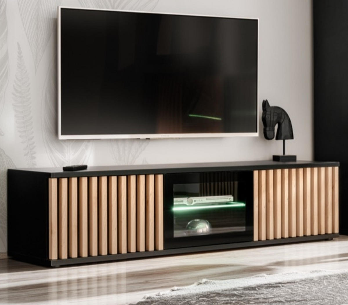 TV-LOWBOARD schwarz, Eiche Jackson 163 cm, TV Unterteil mit 3D-Lamellen inklusive Beleuchtung - Eichefarben/Schwarz, Glas/Holzwerkstoff (160/42/45cm) - Furn.Design
