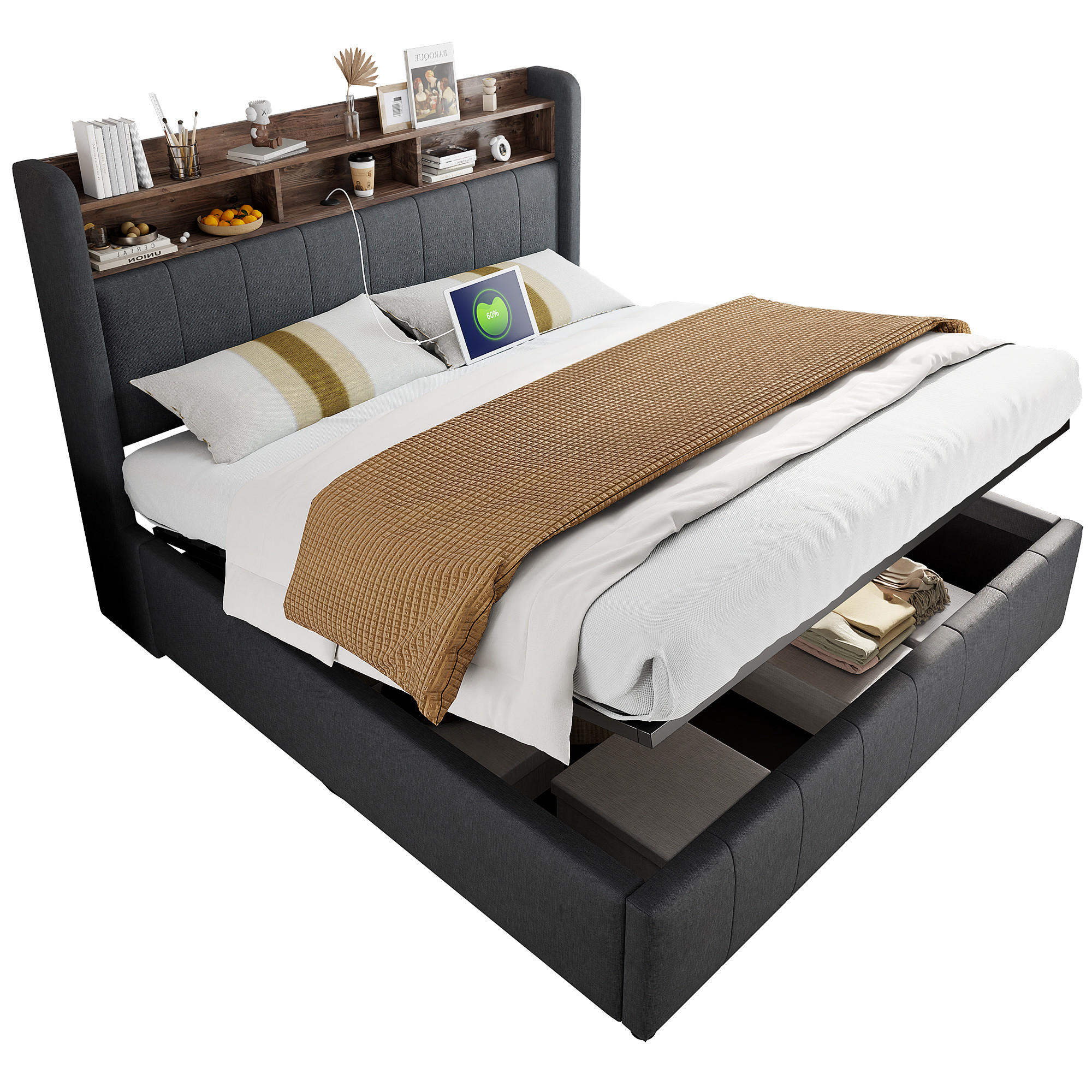 WISHDOR ČALOUNĚNÁ POSTEL 160x200 cm šedá s lněným vzhledem, úložným prostorem, LED osvětlením, USB a Type-C portem
