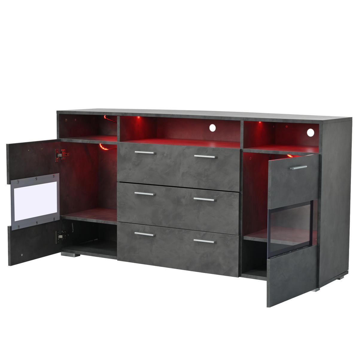 SIDEBOARD in Grau mit LED und transparenten Acryltüren, 2 Türen und 3 Schubladen, 140/33,5/72,5 cm，Grau - Grau, Holzwerkstoff (140/72.5/33.5cm) - Redom