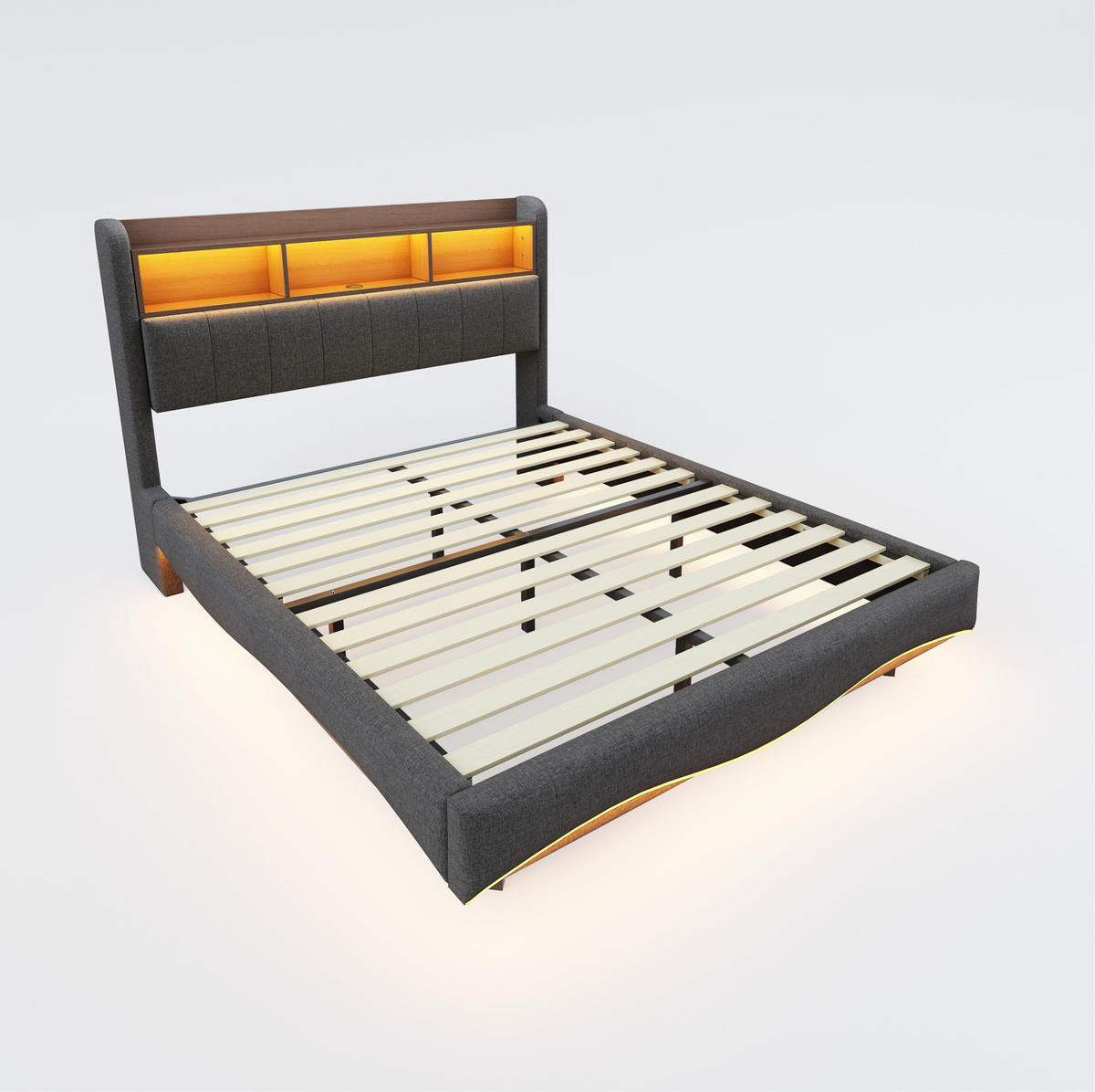 ČALÚNENÁ posteľ z látky a kovu 140x200 cm sivá s LED osvetlením, USB a USB-C portom, úložným priestorom - sivá, textil (140/200cm) - Modfu