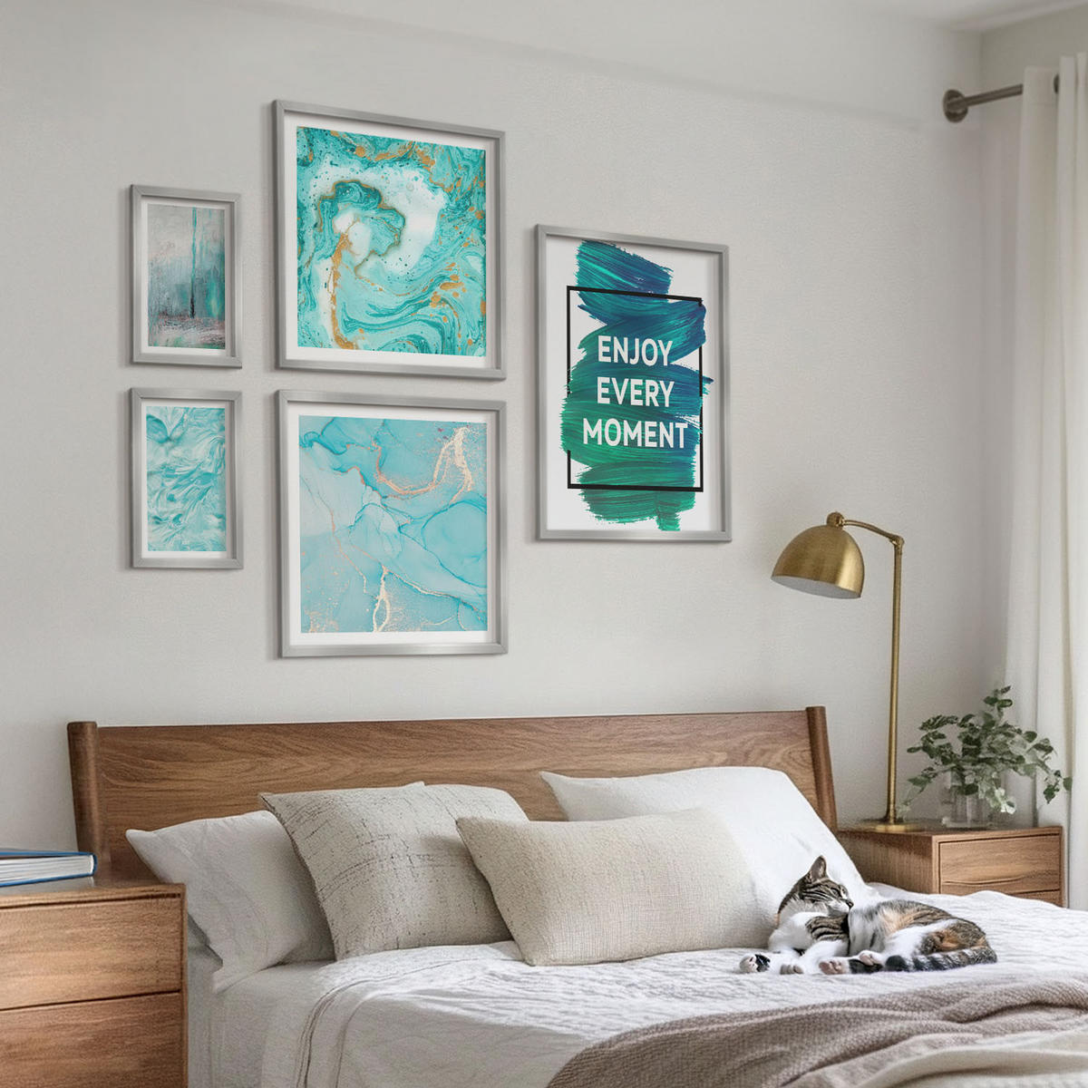 WANDBILDER 5er Set - 50x50 cm & 20x30 cm & 40x60 cm Silberner Rahmen - Farbenfrohe Abstraktionen, Gesichter, Formen - Silberfarben, Kunststoff (40/60cm) - ArtPrintCave