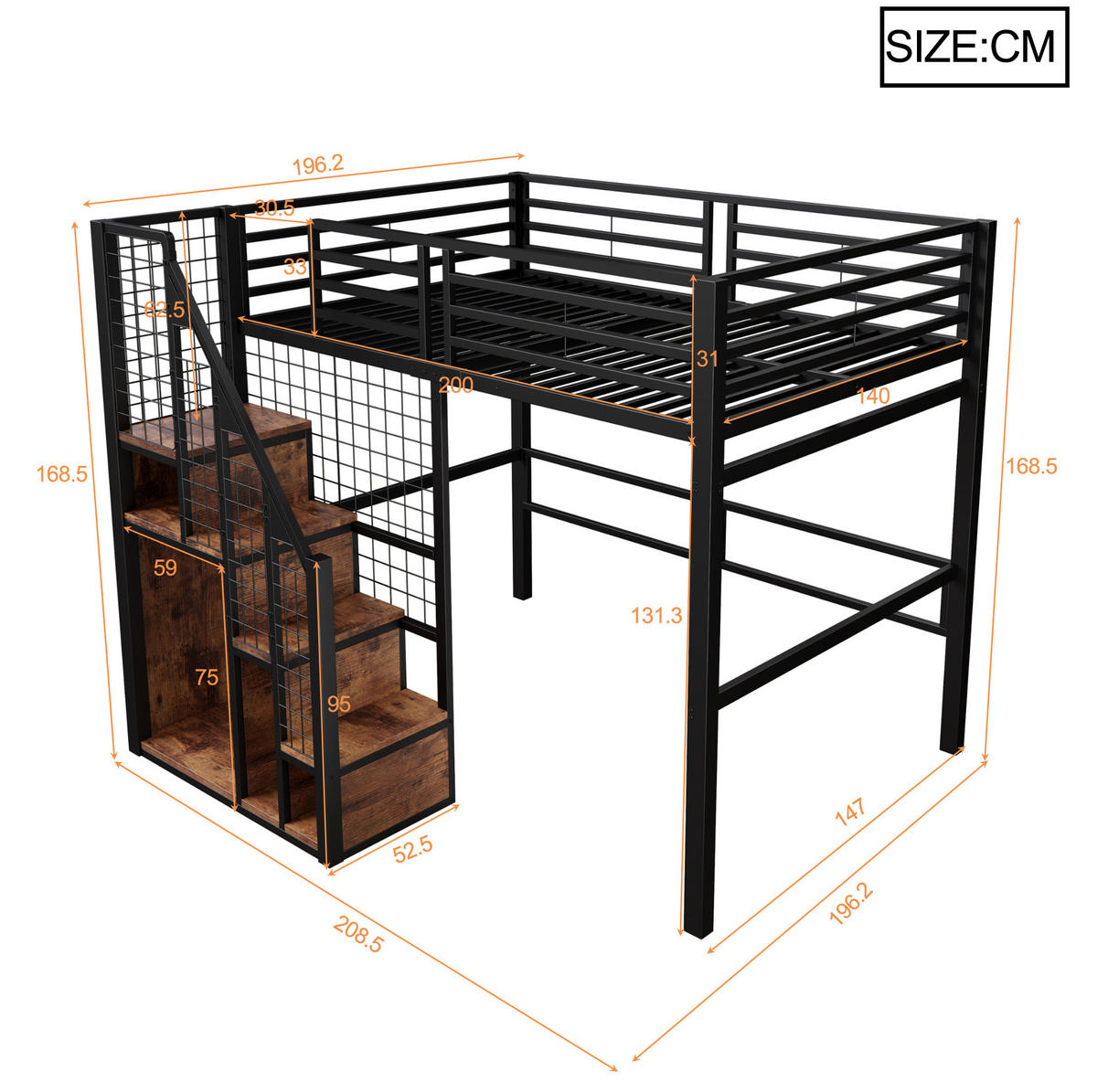 HOCHBETT 140/200 cm mit Treppe, Stauraum und Kleiderstange aus Metall, Schwarz - Schwarz, Holzwerkstoff (140/200cm) - Redom