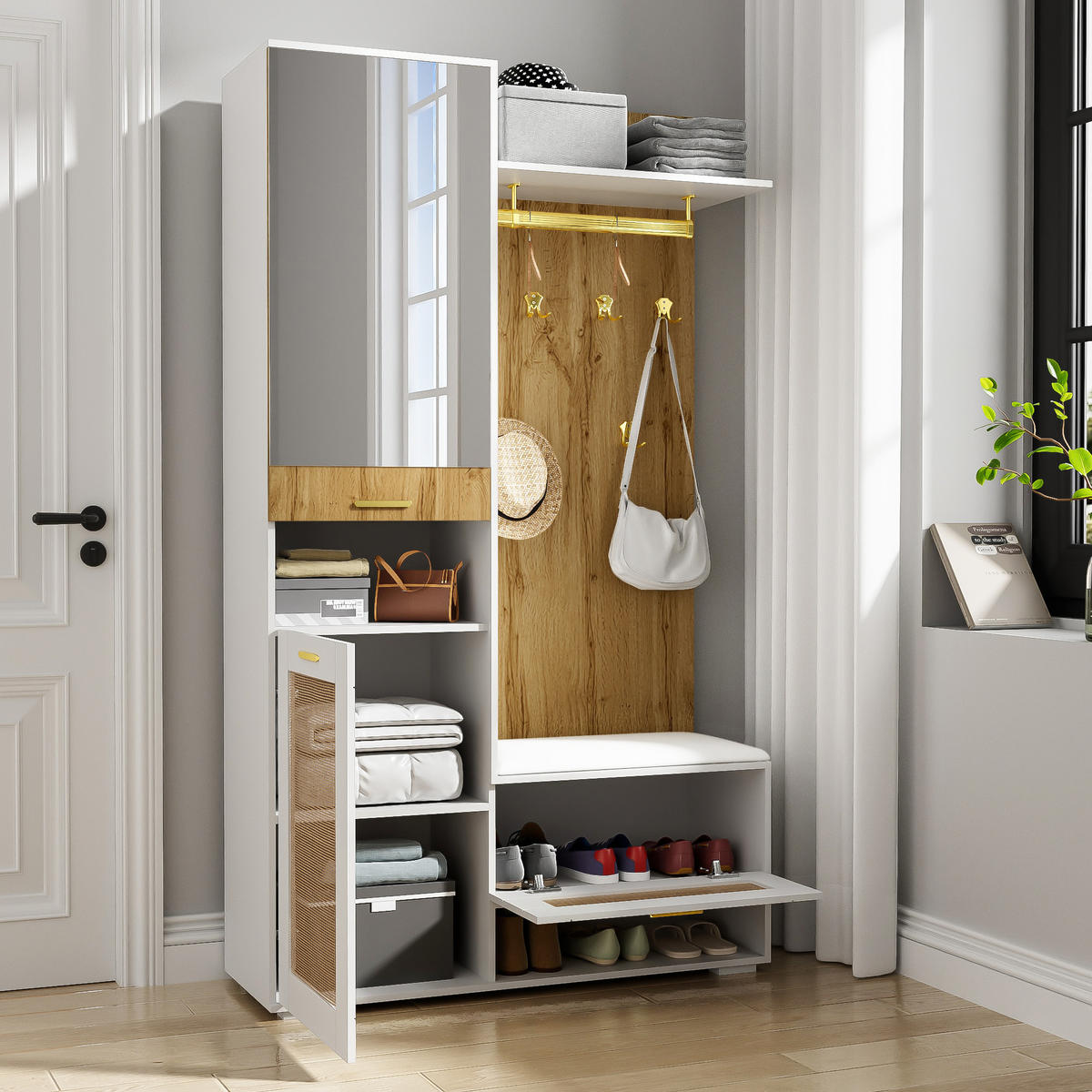 GARDEROBENSET Spiegel LED Schuhschrank Haken Sitzbank - Weiß, Holzwerkstoff (38/190/110cm) - FLIEKS